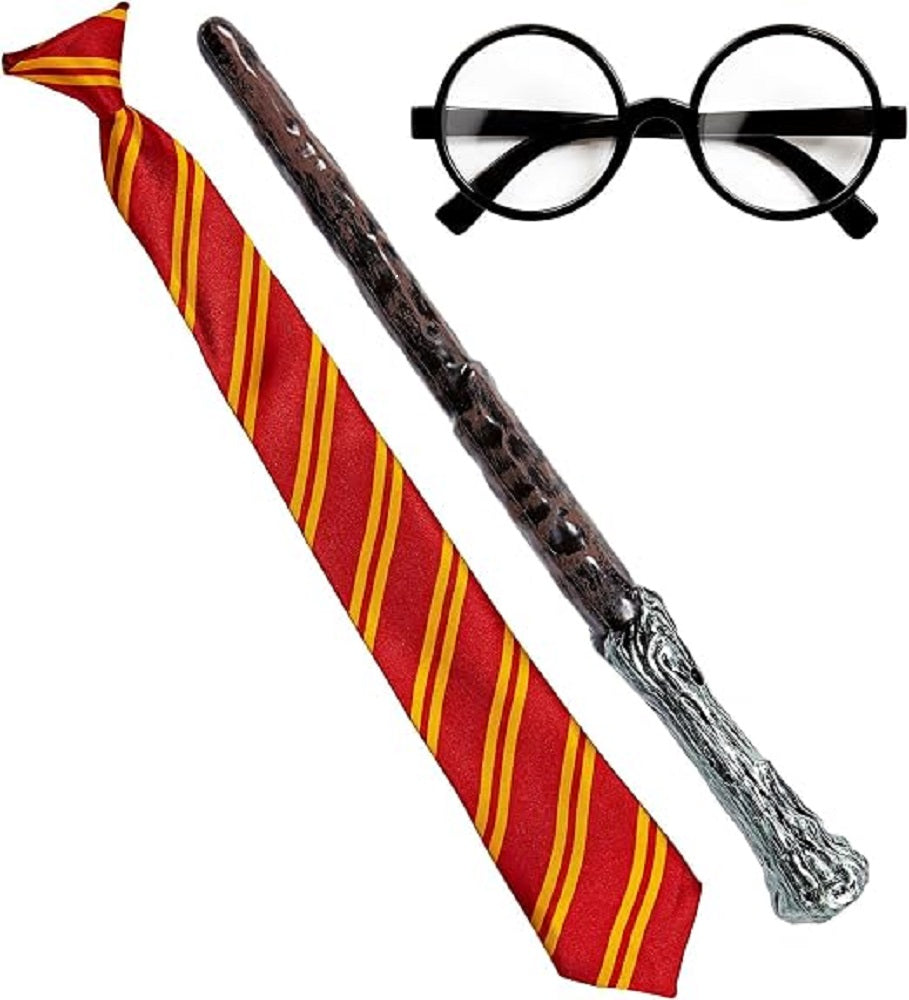 Zauberlehrling Set 3-teilig Zauberstab Krawatte und runde Brille mit schwarzem Gestell für Zaubererkostüm Karneval Accessoire