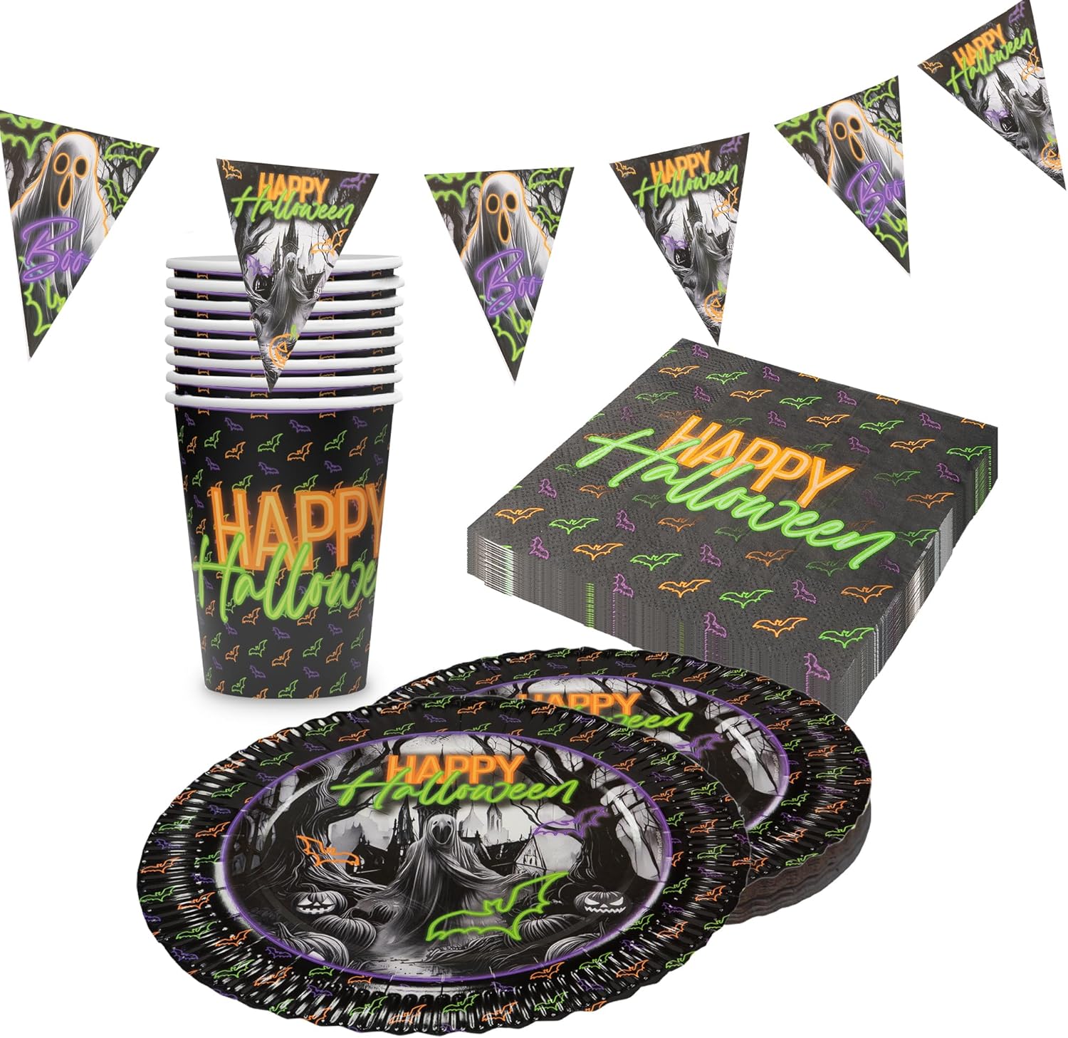 Halloween Neon – 4-teiliges Partyset mit Tellern, Bechern, Servietten & Wimpelkette
