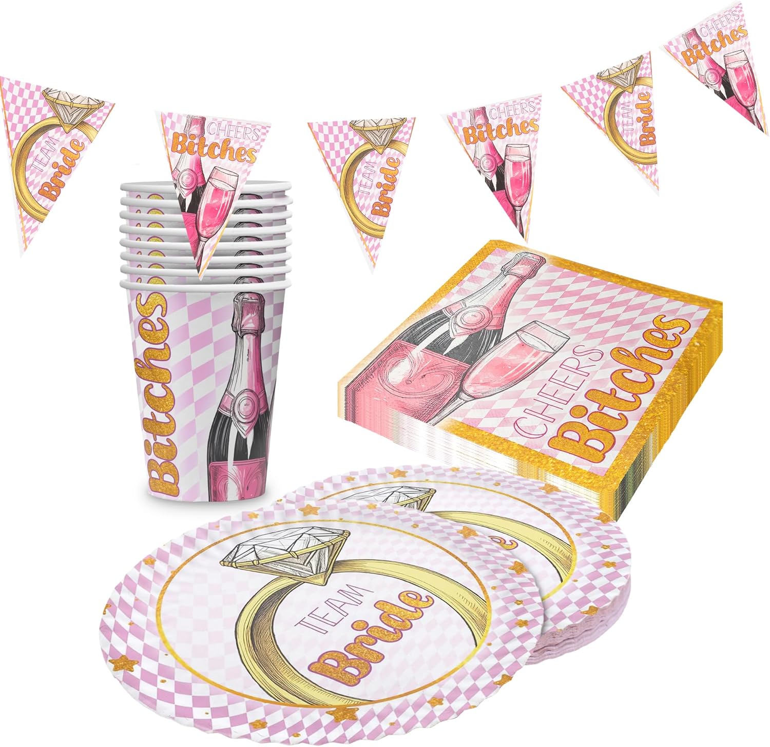 Bachelorette Bling Bling – 4-teiliges JGA Party-Set mit Tellern, Bechern, Servietten & Wimpelkette