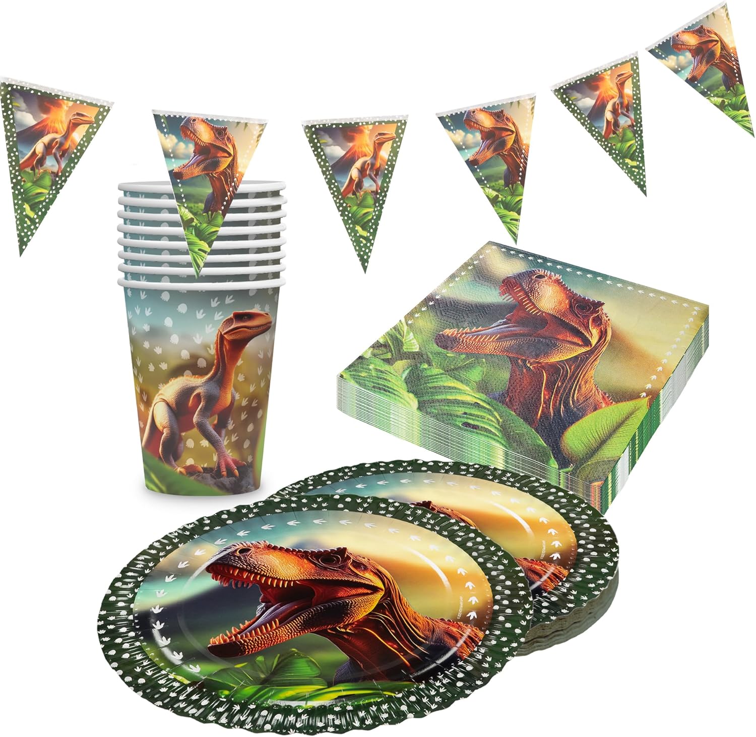 Dino Realistisch Partyset – 4-teiliges Set mit Tellern, Bechern, Servietten und Wimpelkette