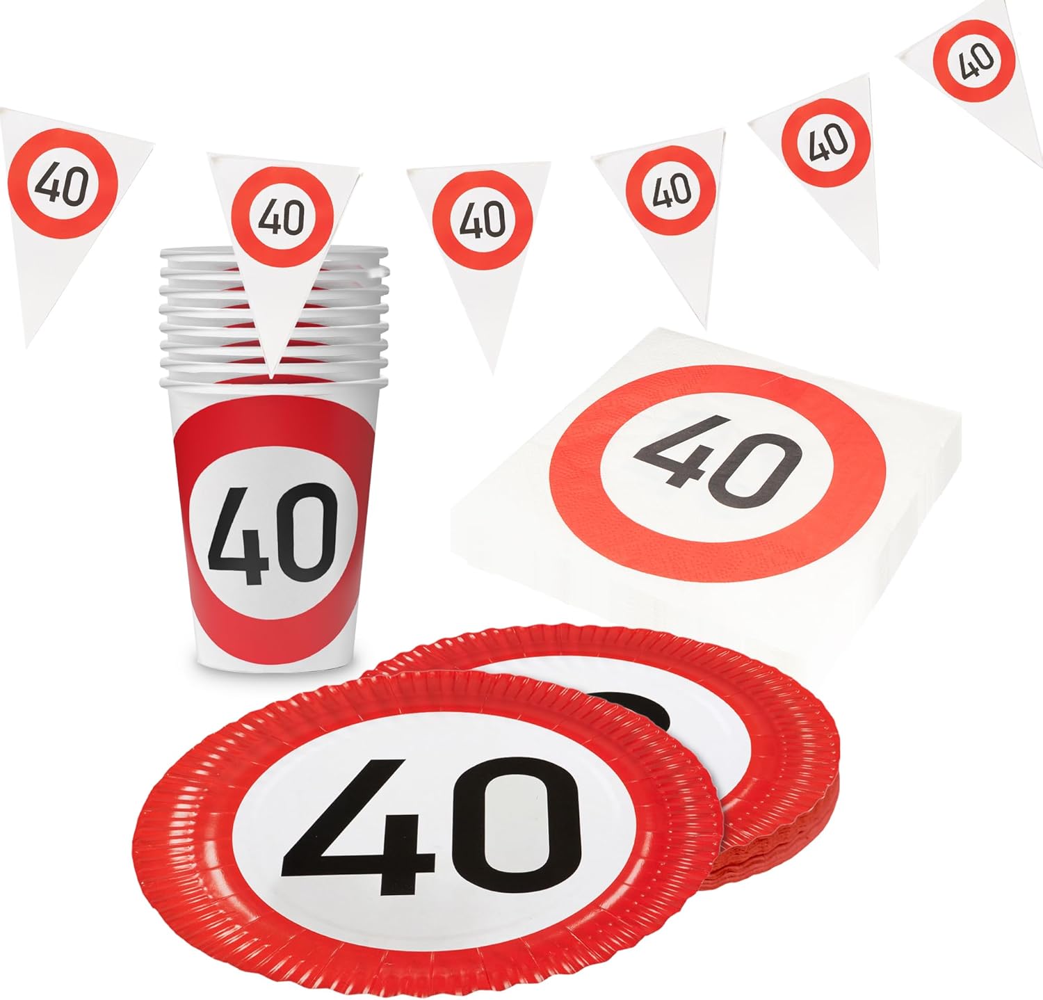 Happy Birthday 40 – 4-teiliges Partyset mit Tellern, Bechern, Servietten und Wimpelkette