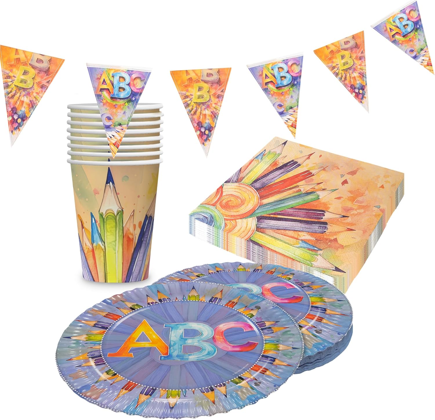 Back to School Partyset – 4-teiliges Set mit Tellern, Bechern, Servietten & Wimpelkette im ABC- und Buntstift-Design