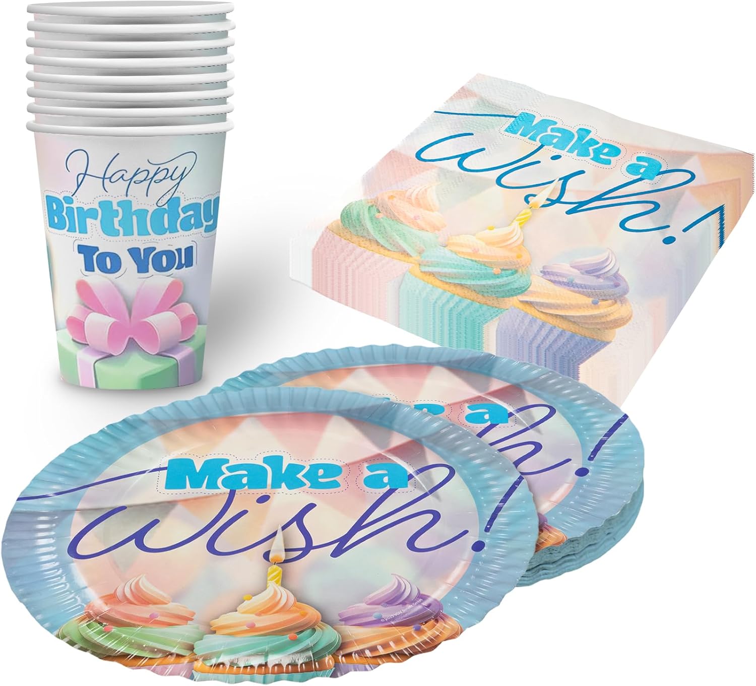 Happy Birthday Pastell 3-teiliges Party-Set mit 8 Papptellern, 8 Pappbechern und 20 Servietten