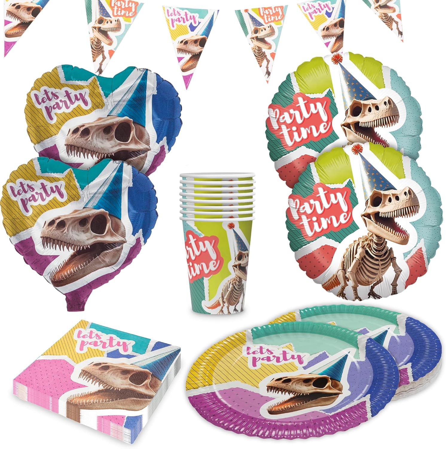 Dino Skelett 5-teiliges Party-Set mit 8 Papptellern 8 Pappbechern 20 Servietten 1 Wimpelkette, 2 Folienballons rund 2 Folienballons herz