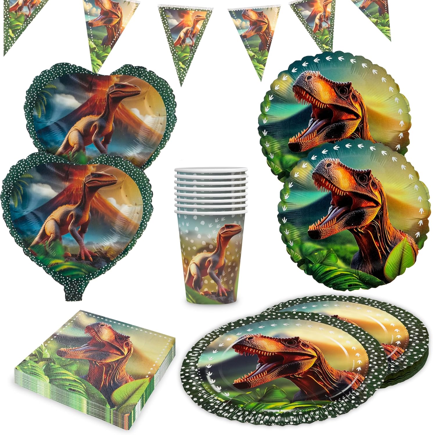Dino Realistisch 5-teiliges Party-Set mit 8 Papptellern 8 Pappbechern 20 Servietten 1 Wimpelkette, 2 Folienballons rund und 2 Folienballons herz