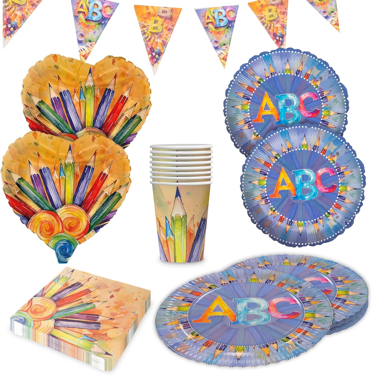 Back to School Neutral 5-teiliges Party-Set mit 8 Papptellern 8 Pappbechern 20 Servietten 1 Wimpelkette, 2 Folienballons rund und 2 Folienballons herz