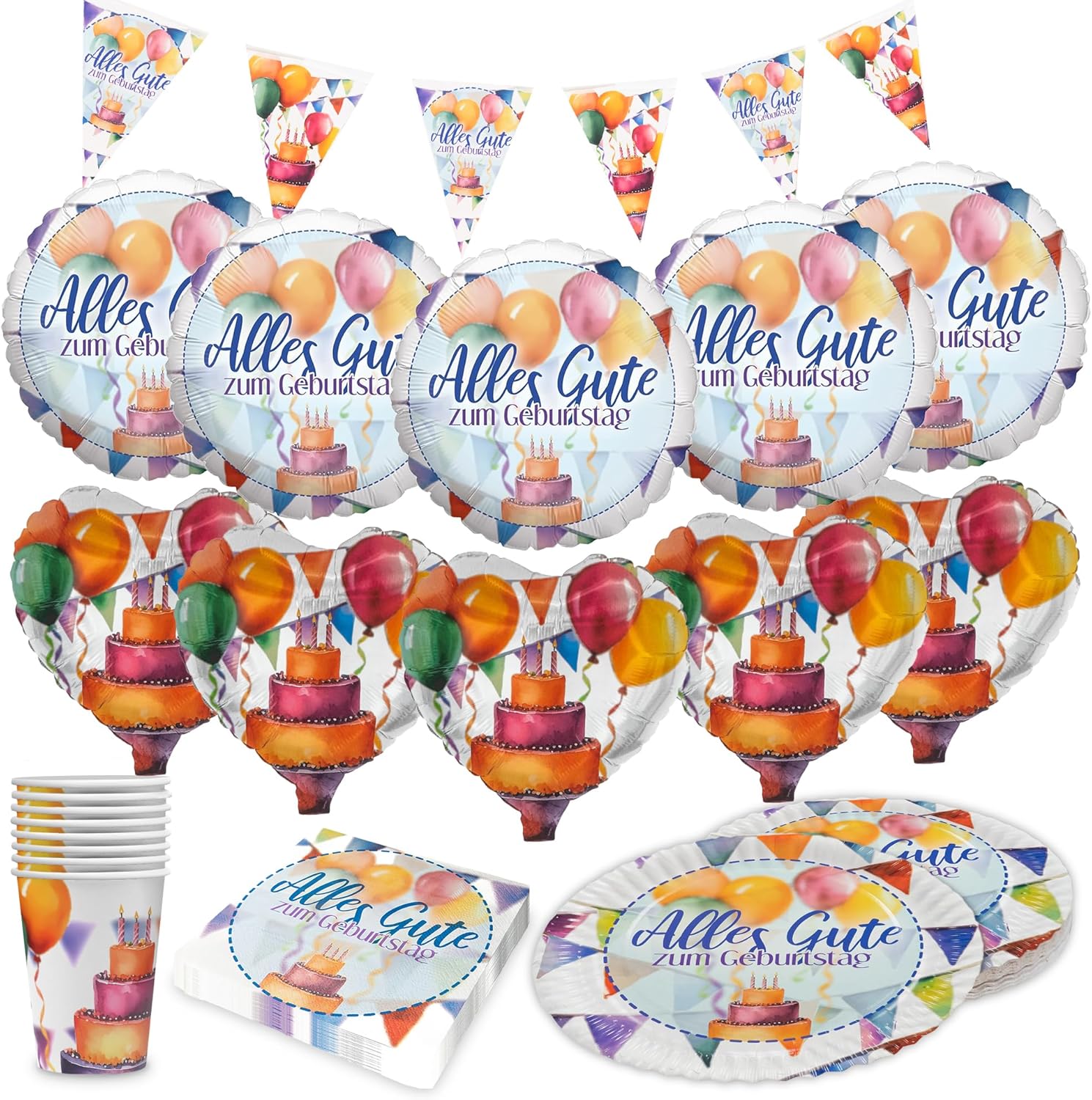 Happy Birthday Watercolor 5-teiliges Party-Set mit 8 Papptellern, 8 Pappbechern, 20 Servietten, 1 Wimpelkette, 5 Folienballons rund und 5 Folienballon Herz