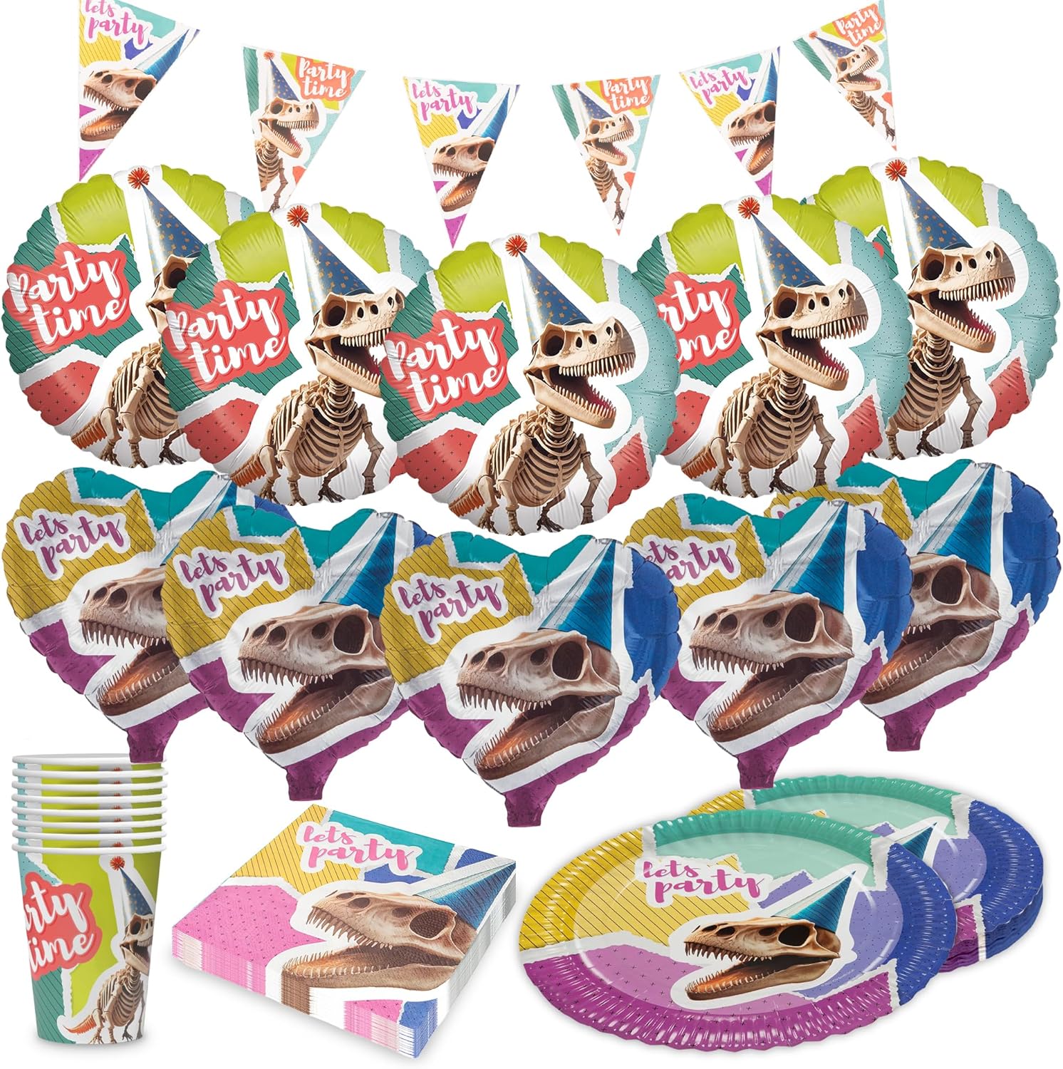 Dino Skelett 5-teiliges Party-Set mit 8 Papptellern 8 Pappbechern 20 Servietten 1 Wimpelkette, 5 Folienballons rund 5 Folienballons herz