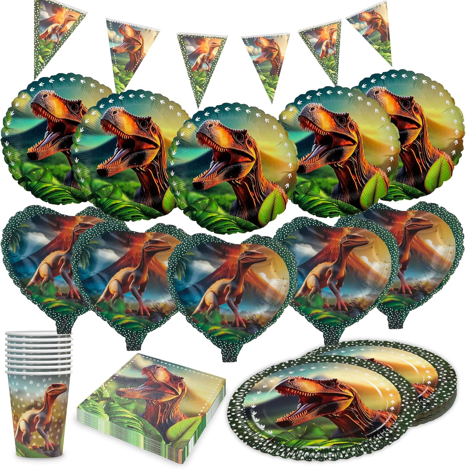 Dino Realistisch 5-teiliges Party-Set mit 8 Papptellern 8 Pappbechern 20 Servietten 1 Wimpelkette, 5 Folienballons rund und 5 Folienballons herz