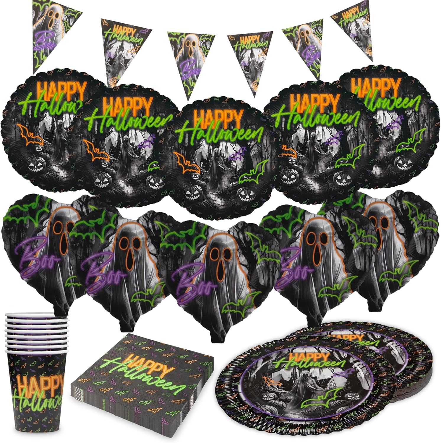 Halloween Neon Motiv 1 5-teiliges Party-Set mit 8 Papptellern 8 Pappbechern 20 Servietten 1 Wimpelkette, 5 Folienballons rund und 5 Folienballons herz