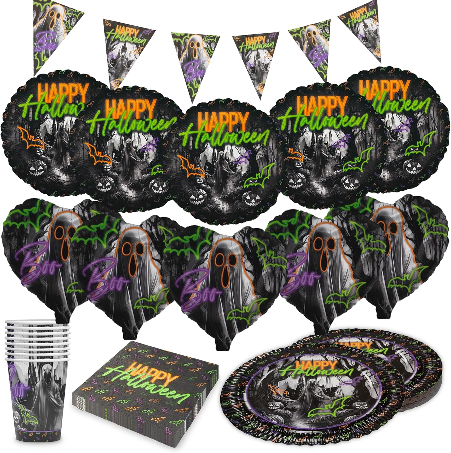 Halloween Neon Motiv 2 5-teiliges Party-Set mit 8 Papptellern 8 Pappbechern 20 Servietten 1 Wimpelkette, 5 Folienballons rund und 5 Folienballons herz
