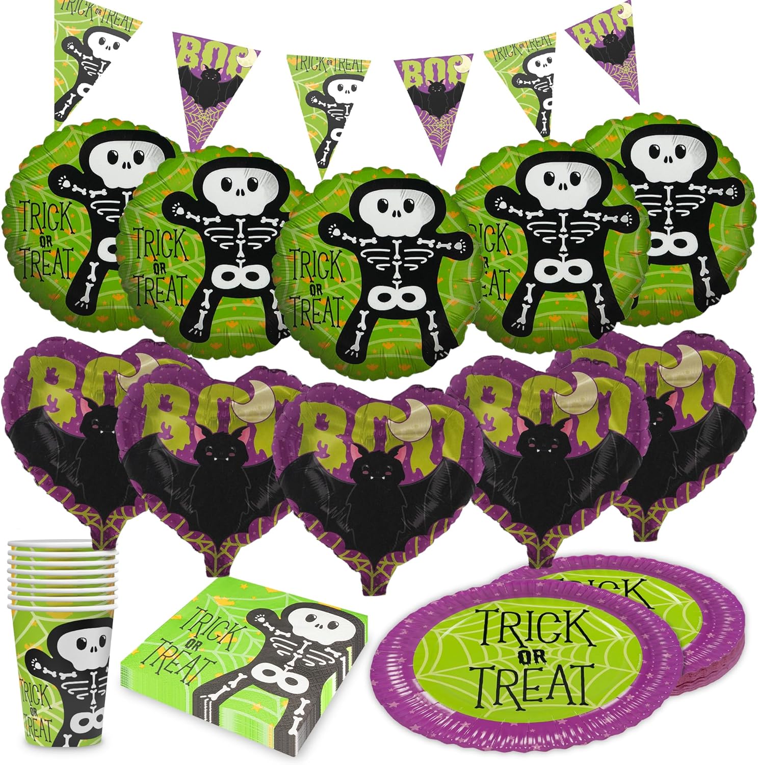 Halloween Skelett Motiv 1 5-teiliges Party-Set mit 8 Papptellern 8 Pappbechern 20 Servietten 1 Wimpelkette, 5 Folienballons rund und 5 Folienballons herz 1