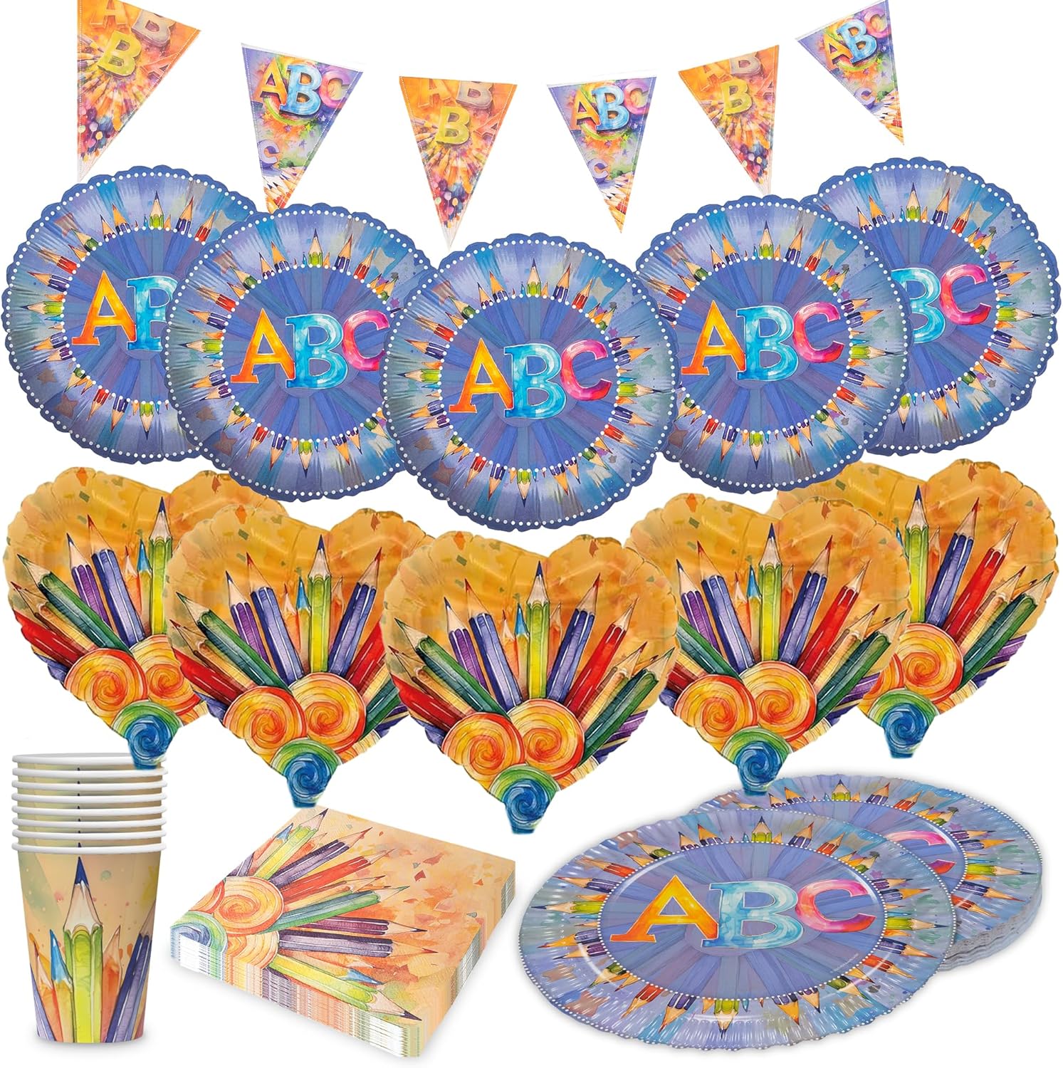 Back to School Neutral 5-teiliges Party-Set mit 8 Papptellern 8 Pappbechern 20 Servietten 1 Wimpelkette, 5 Folienballons rund und 5 Folienballons herz