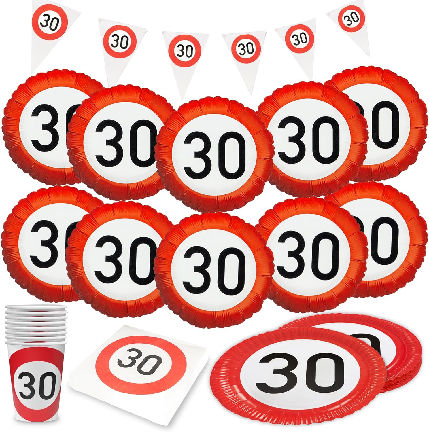 Happy Birthday 30 5-teiliges Party-Set mit 8 Papptellern 8 Pappbechern 20 Servietten 1 Wimpelkette und 10 Folienballons