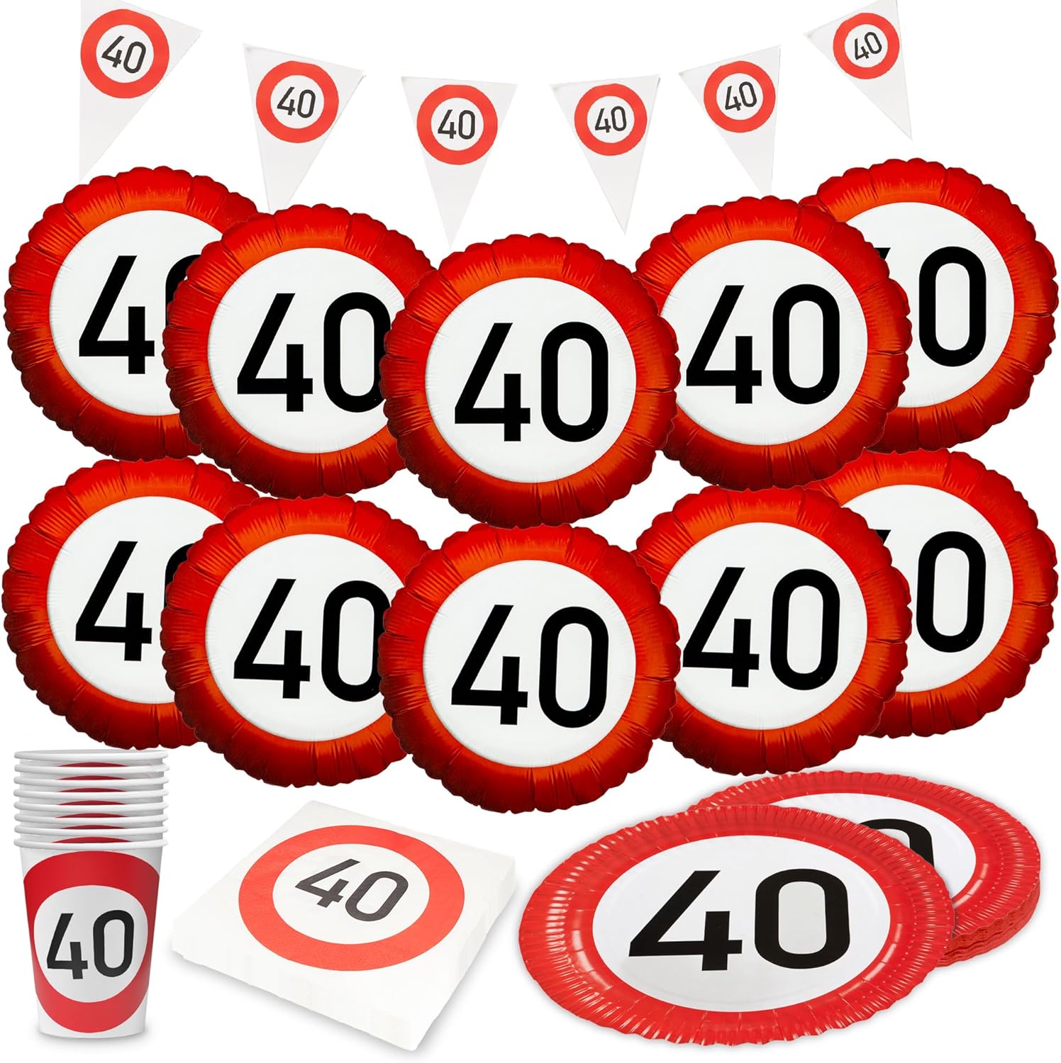 Happy Birthday 40 5-teiliges Party-Set mit 8 Papptellern 8 Pappbechern 20 Servietten 1 Wimpelkette und 10 Folienballons
