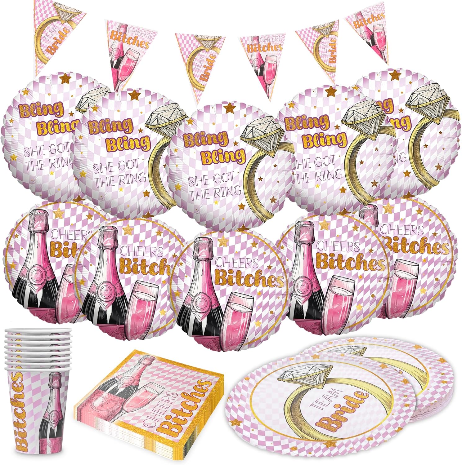 Bachelorette Bling Bling 5-teiliges Party-Set mit 8 Papptellern 8 Pappbechern 20 Servietten 1 Wimpelkette und 10 Folienballons