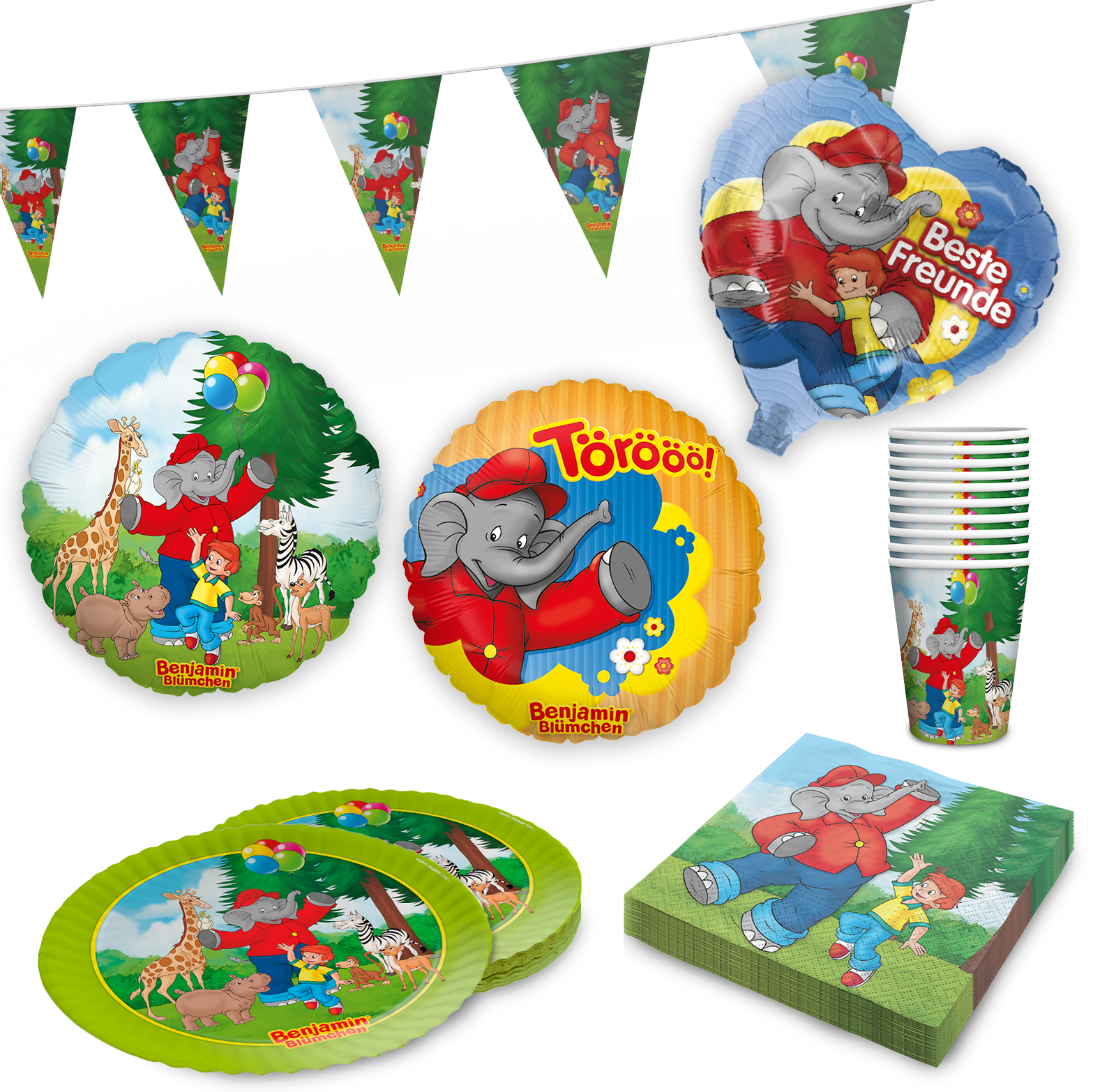 Benjamin Blümchen Partyset 45-tlg – Becher, Teller, Servietten, Wimpel & Ballons