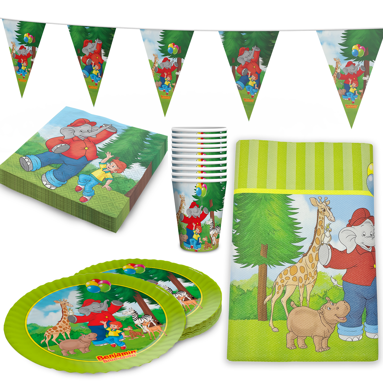 Benjamin Blümchen Partyset 42-tlg – Teller, Becher, Servietten, Tischdecke, Deko