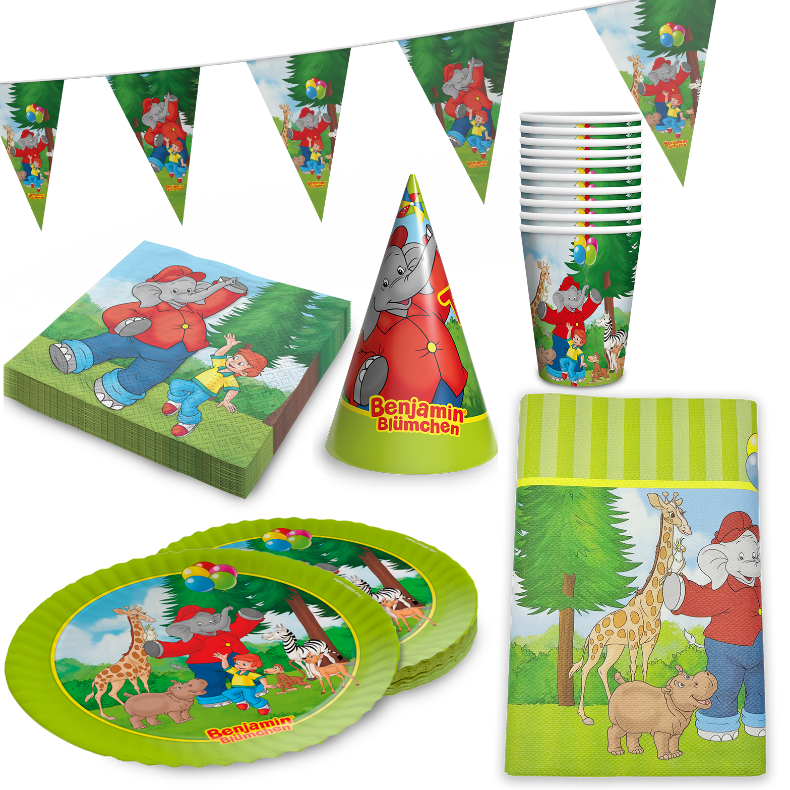 Benjamin Blümchen Partyset 52-tlg – Geschirr, Servietten, Wimpel, Tischdecke & Partyhüte