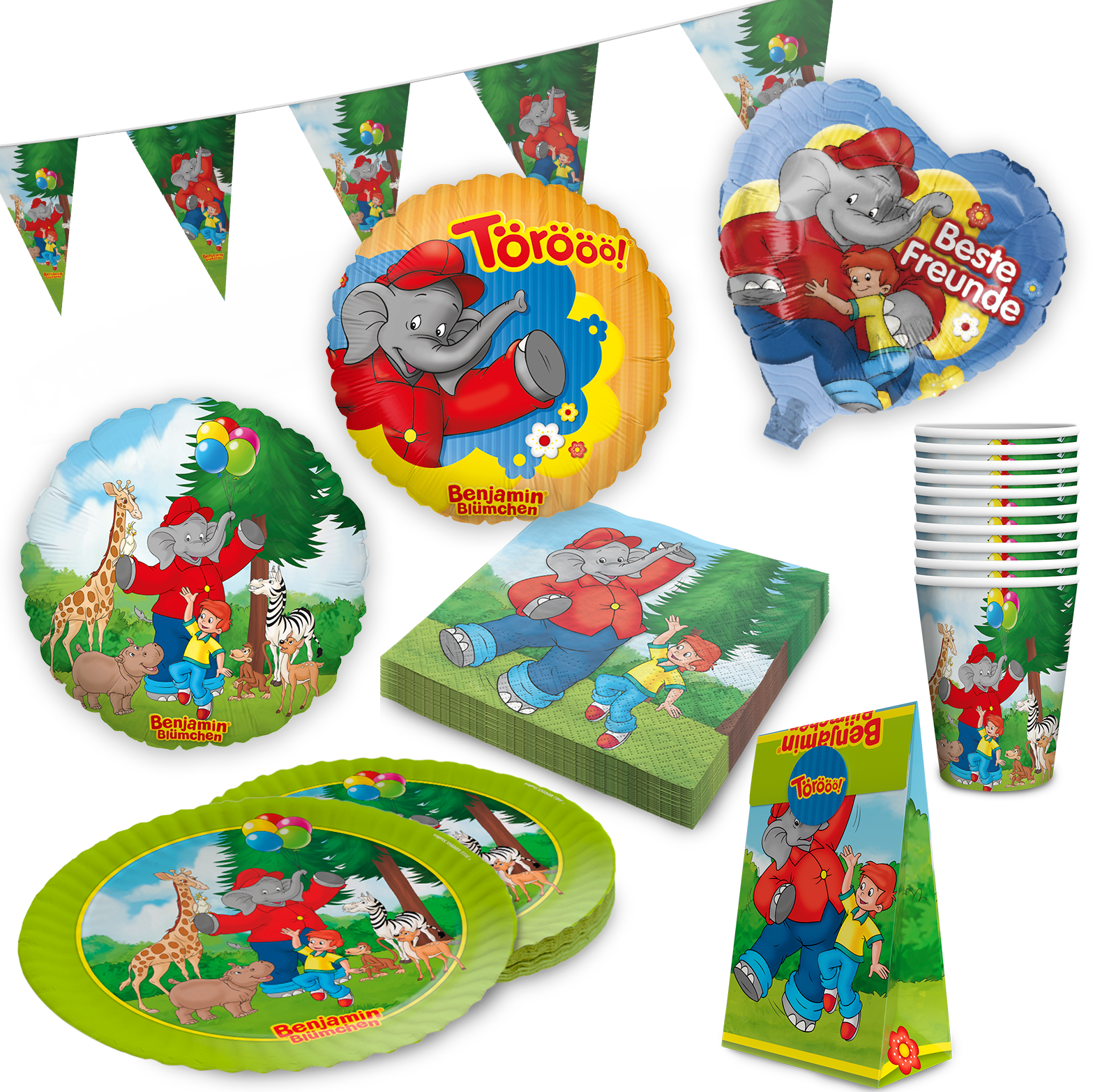 Benjamin Blümchen Partyset 61-tlg – Teller, Becher, Servietten, Ballons & Tüten