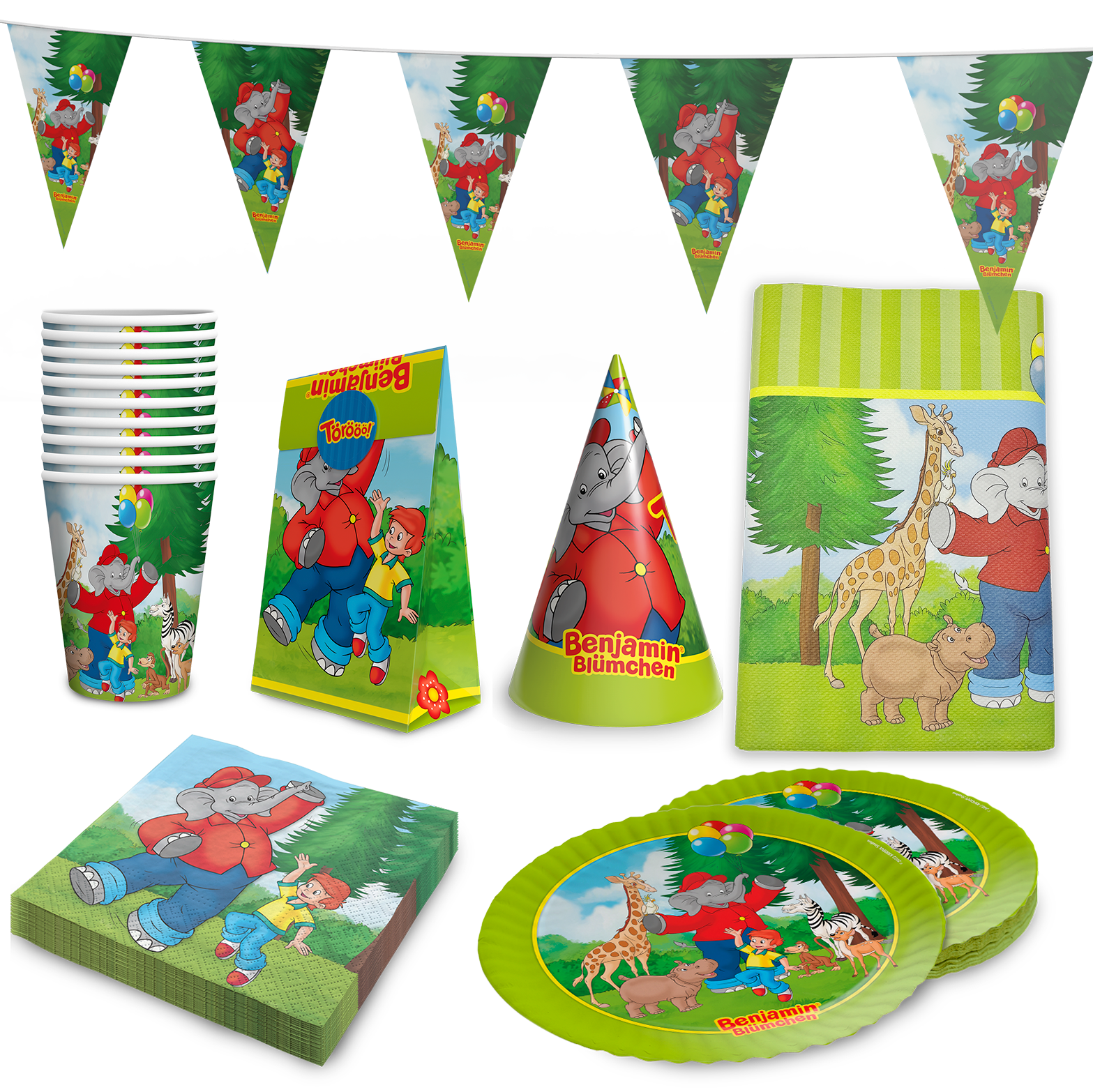 Benjamin Blümchen Partyset 62-tlg, Geschirr, Servietten, Deko, Partyhüte & Tüten