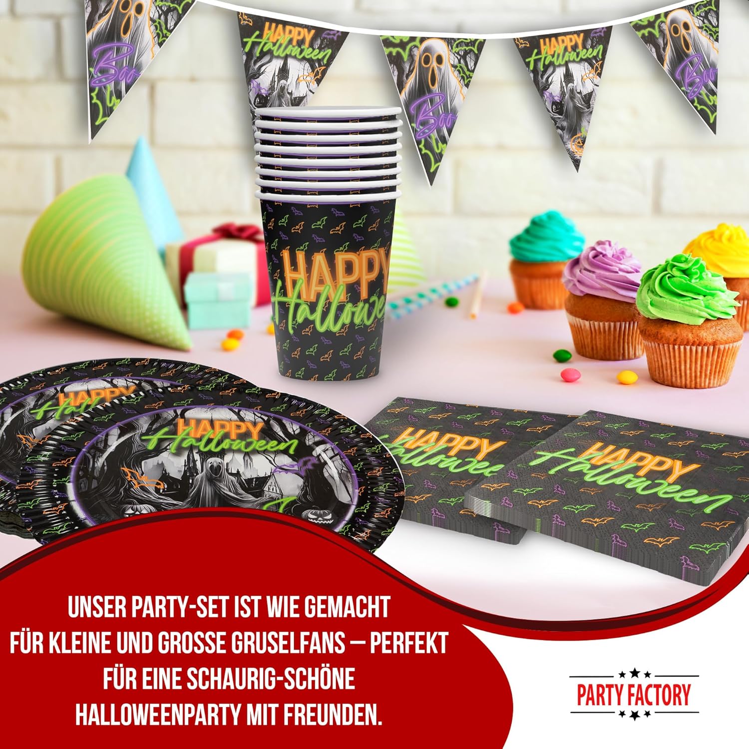 Halloween Neon – 4-teiliges Partyset mit Tellern, Bechern, Servietten & Wimpelkette 2