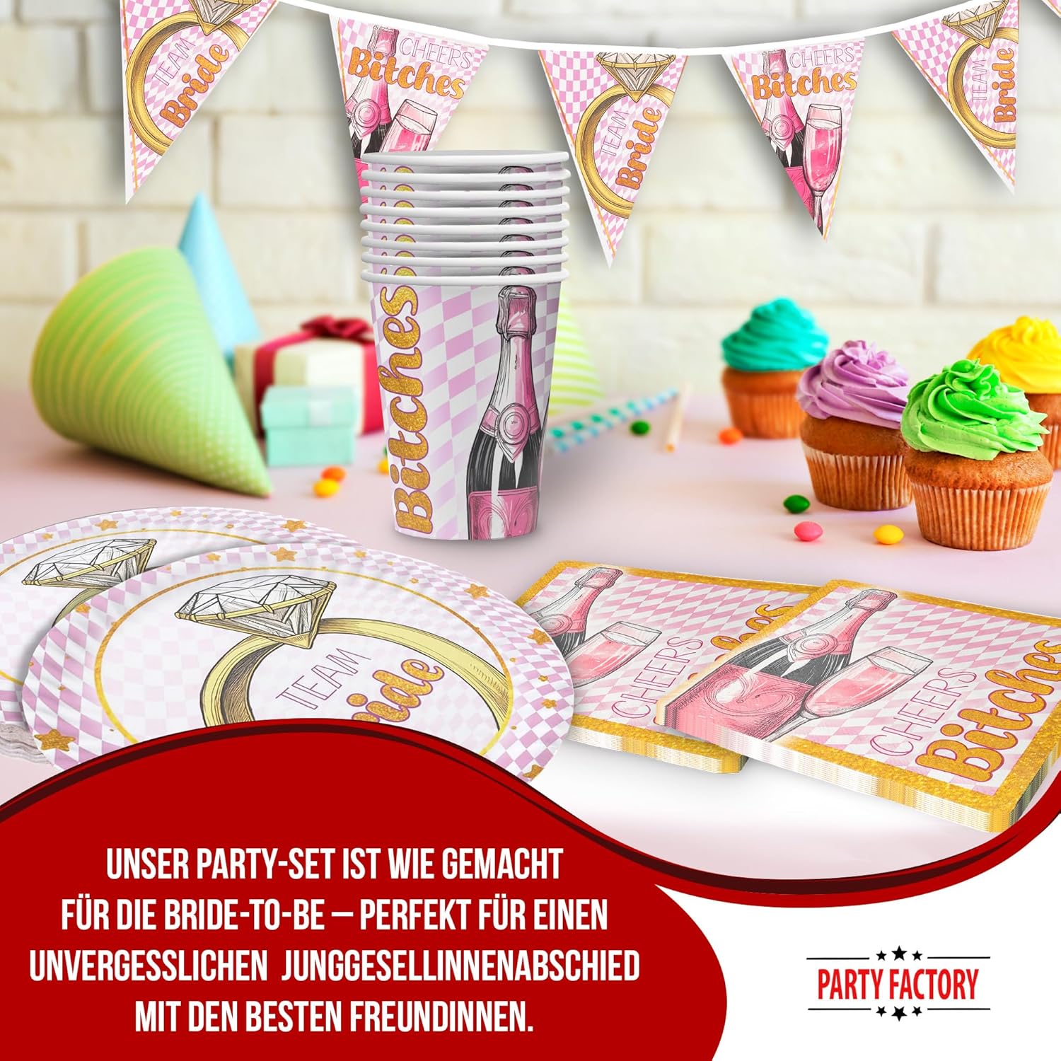 Bachelorette Bling Bling – 4-teiliges JGA Party-Set mit Tellern, Bechern, Servietten & Wimpelkette 2