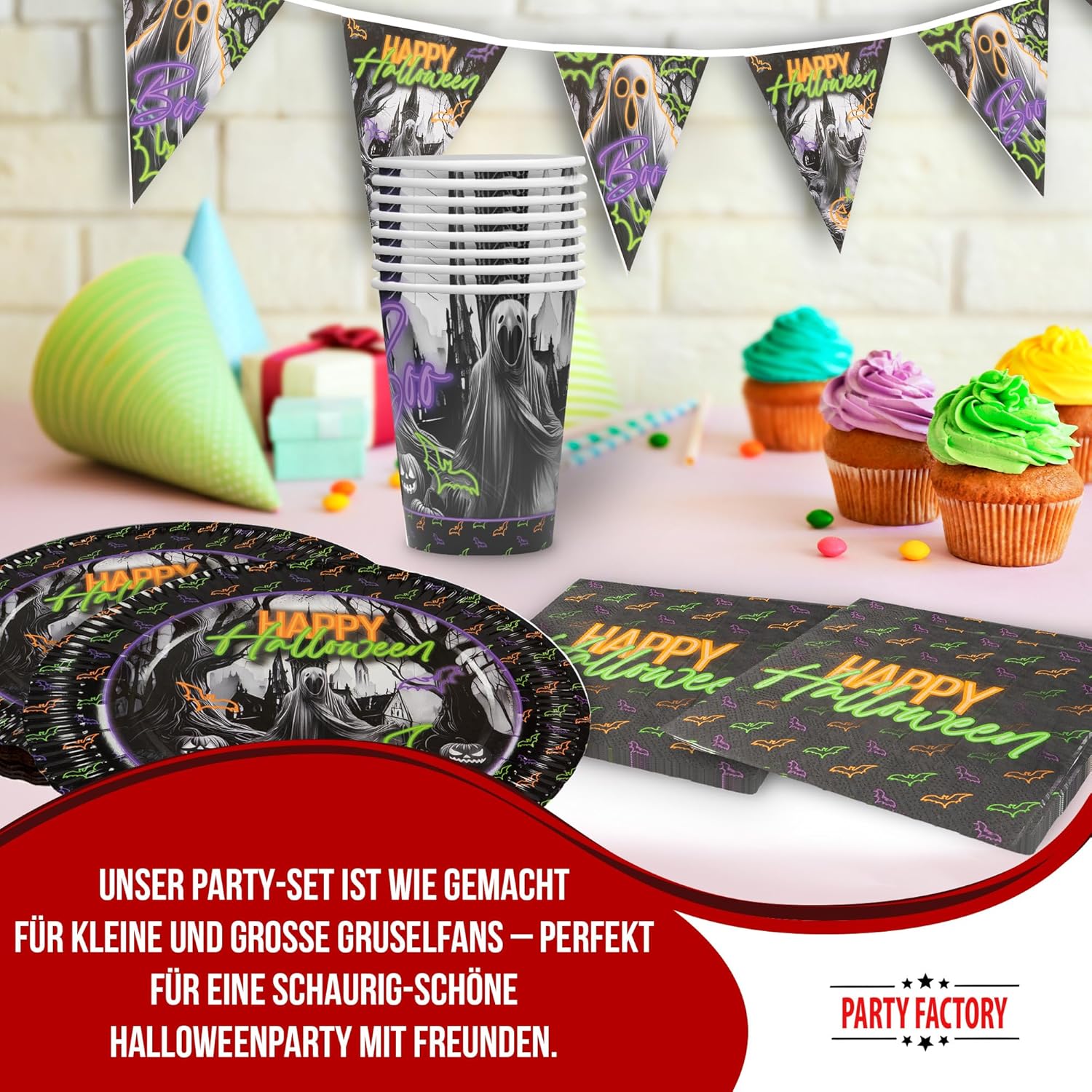 Halloween Neon Geisterparty – 4-teiliges Set mit Tellern, Bechern, Servietten und Wimpelkette 2