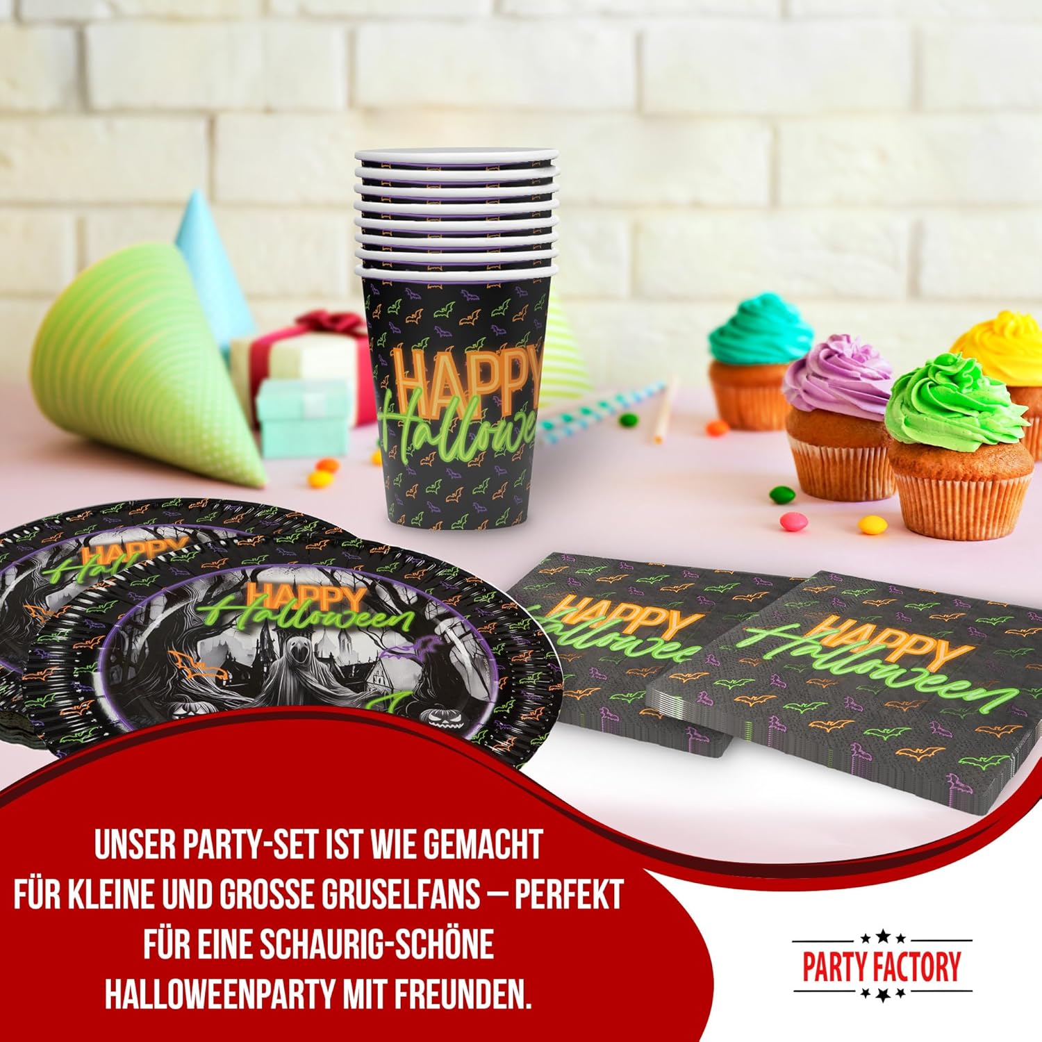 Halloween Neon Motiv 1 3-teiliges Party-Set mit 16 Papptellern, 16 Pappbechern und 40 Servietten 2