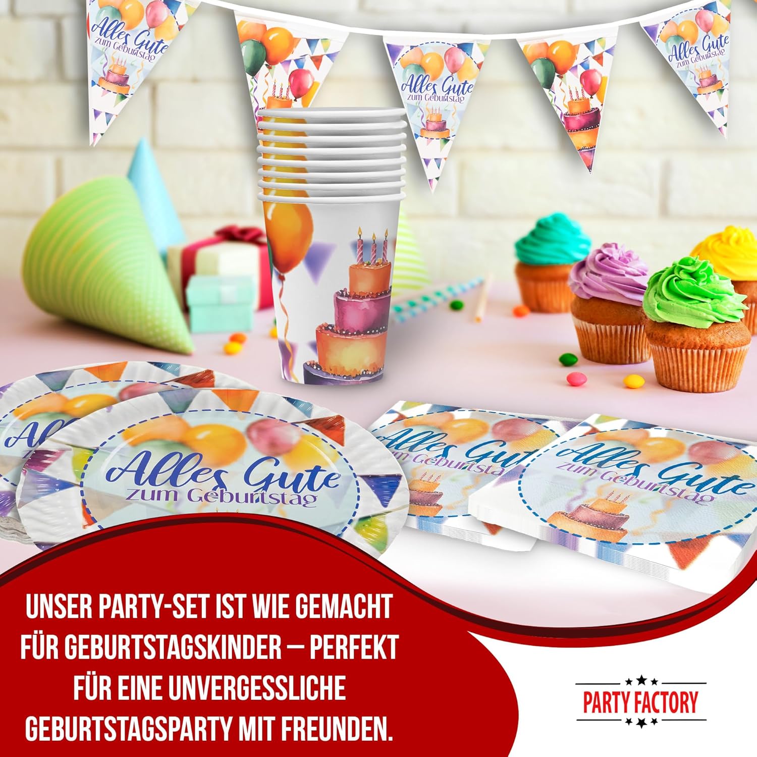 Happy Birthday Watercolor 5-teiliges Party-Set mit 8 Papptellern, 8 Pappbechern, 20 Servietten, 1 Wimpelkette, 2 Folienballons rund und 2 Folienballons Herz 2