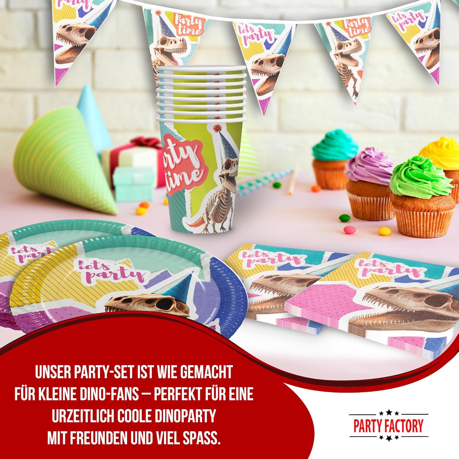 Dino Skelett 5-teiliges Party-Set mit 8 Papptellern 8 Pappbechern 20 Servietten 1 Wimpelkette, 2 Folienballons rund 2 Folienballons herz 2