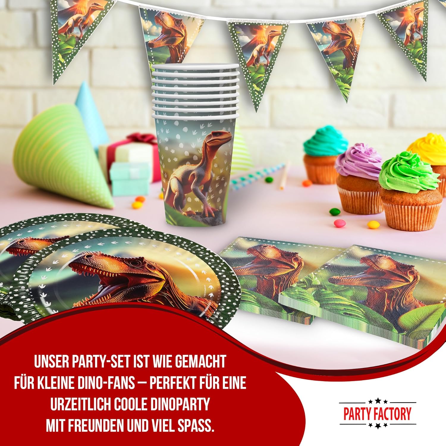 Dino Realistisch 5-teiliges Party-Set mit 8 Papptellern 8 Pappbechern 20 Servietten 1 Wimpelkette, 2 Folienballons rund und 2 Folienballons herz 2
