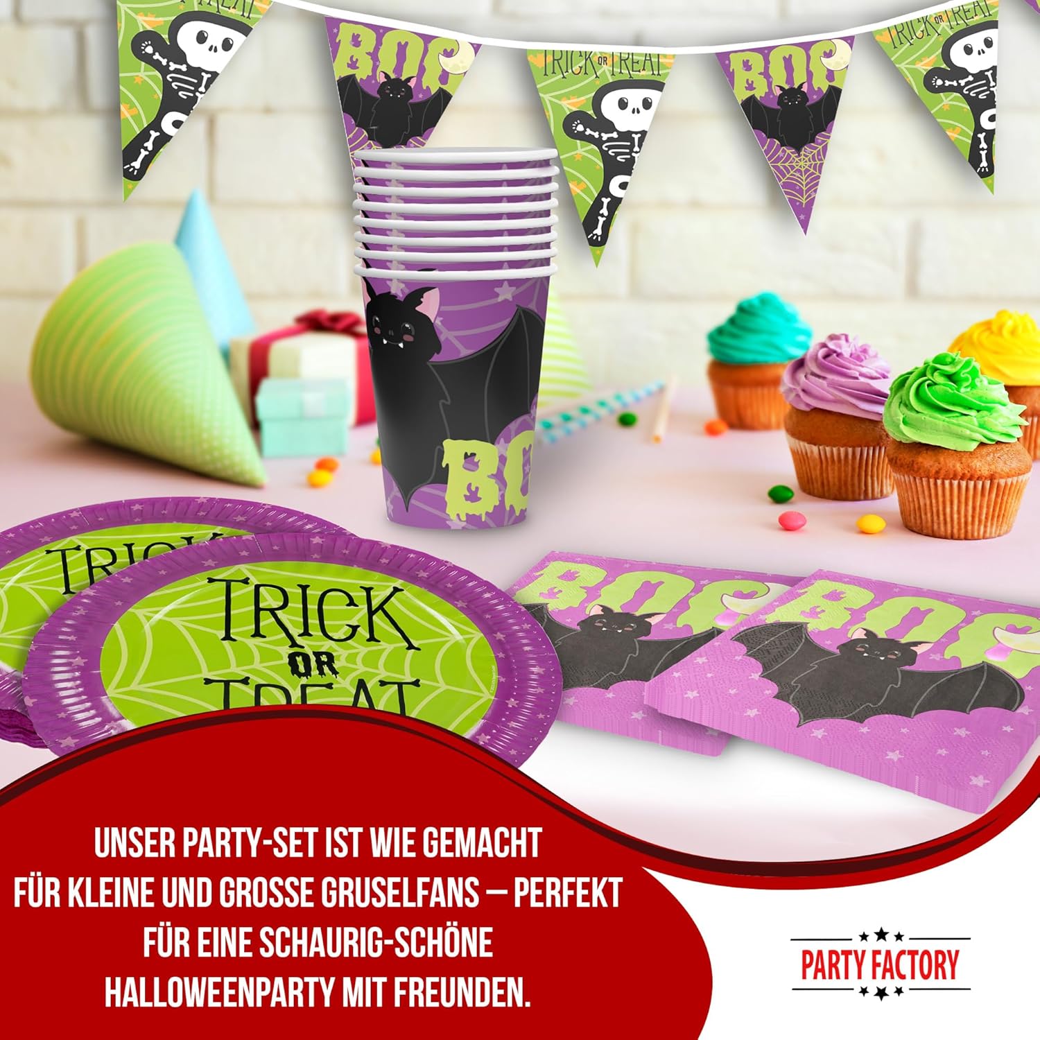 Halloween Skelett Motiv 1 5-teiliges Party-Set mit 8 Papptellern 8 Pappbechern 20 Servietten 1 Wimpelkette, 2 Folienballons rund und 2 Folienballons herz 2