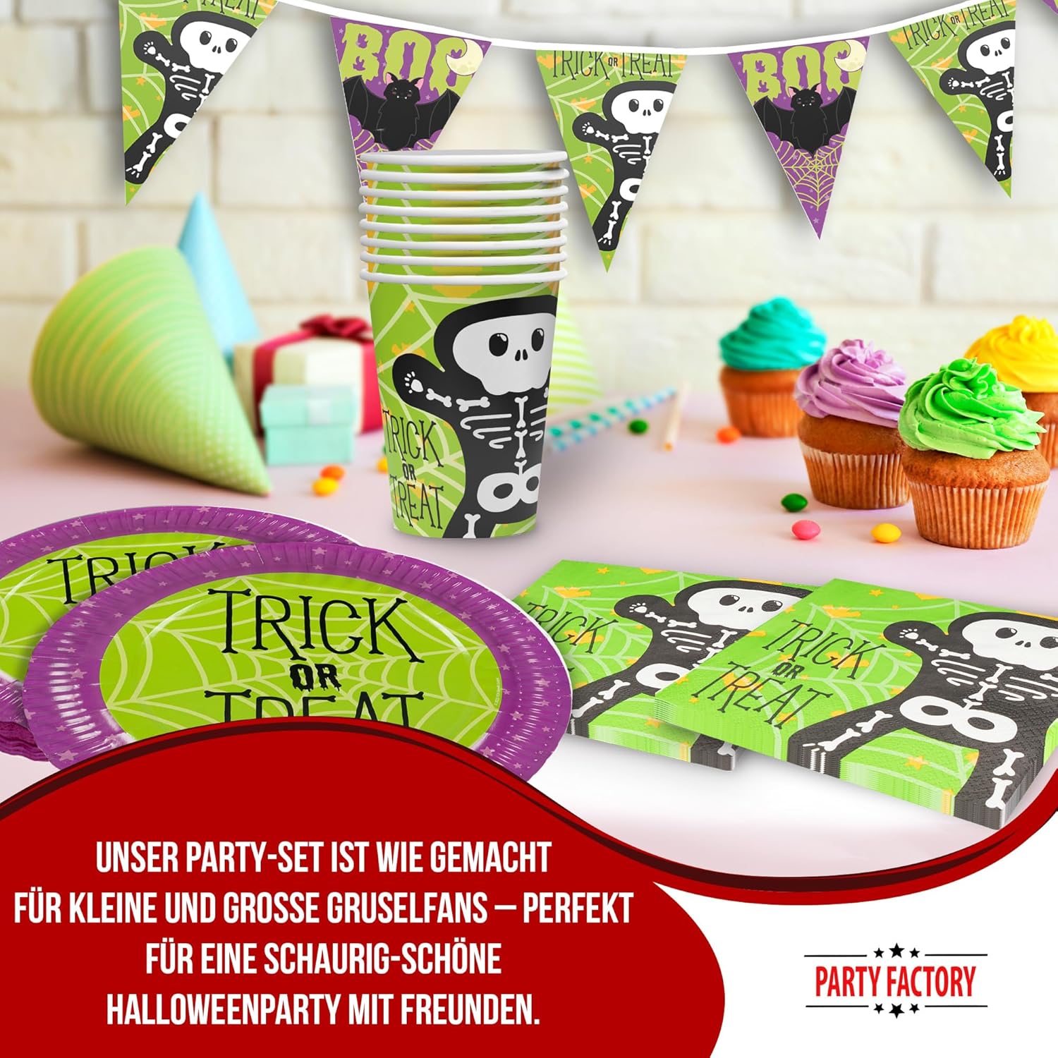 Halloween Skelett Motiv 1 5-teiliges Party-Set mit 8 Papptellern 8 Pappbechern 20 Servietten 1 Wimpelkette, 5 Folienballons rund und 5 Folienballons herz 2