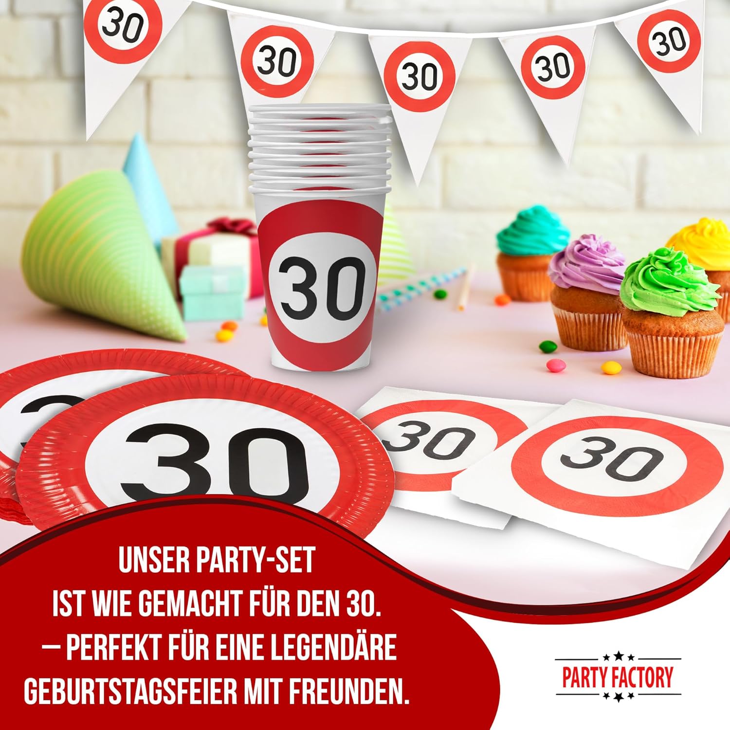 Happy Birthday 30 5-teiliges Party-Set mit 8 Papptellern 8 Pappbechern 20 Servietten 1 Wimpelkette und 10 Folienballons 2