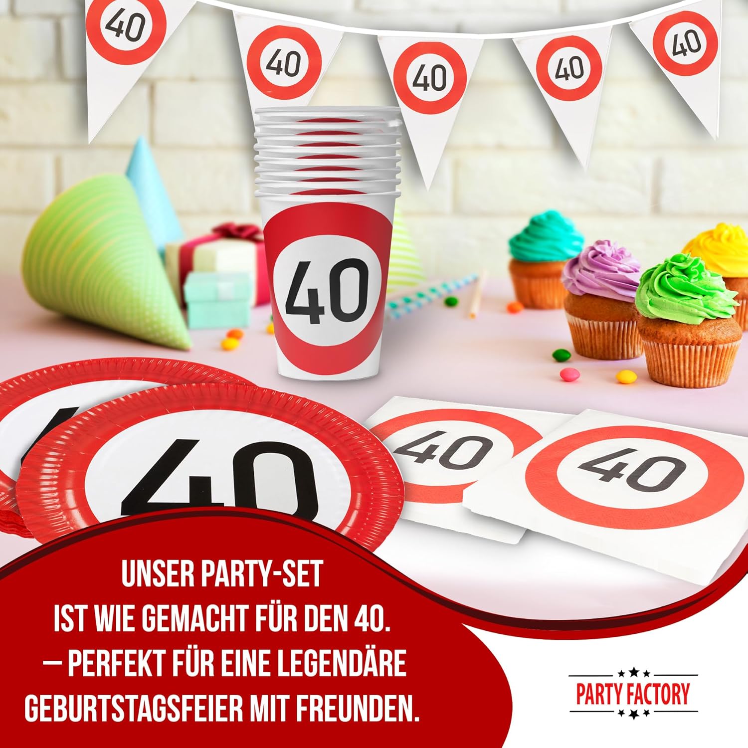 Happy Birthday 40 5-teiliges Party-Set mit 8 Papptellern 8 Pappbechern 20 Servietten 1 Wimpelkette und 10 Folienballons 2