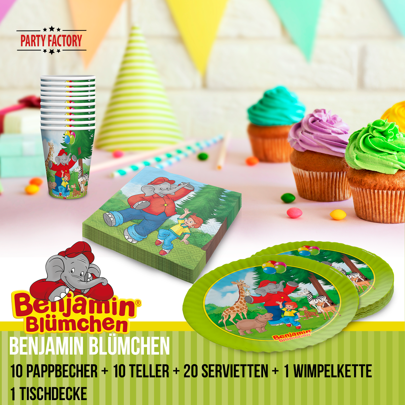Benjamin Blümchen Partyset 42-tlg Teller, Becher, Servietten, Tischdecke, Deko 2