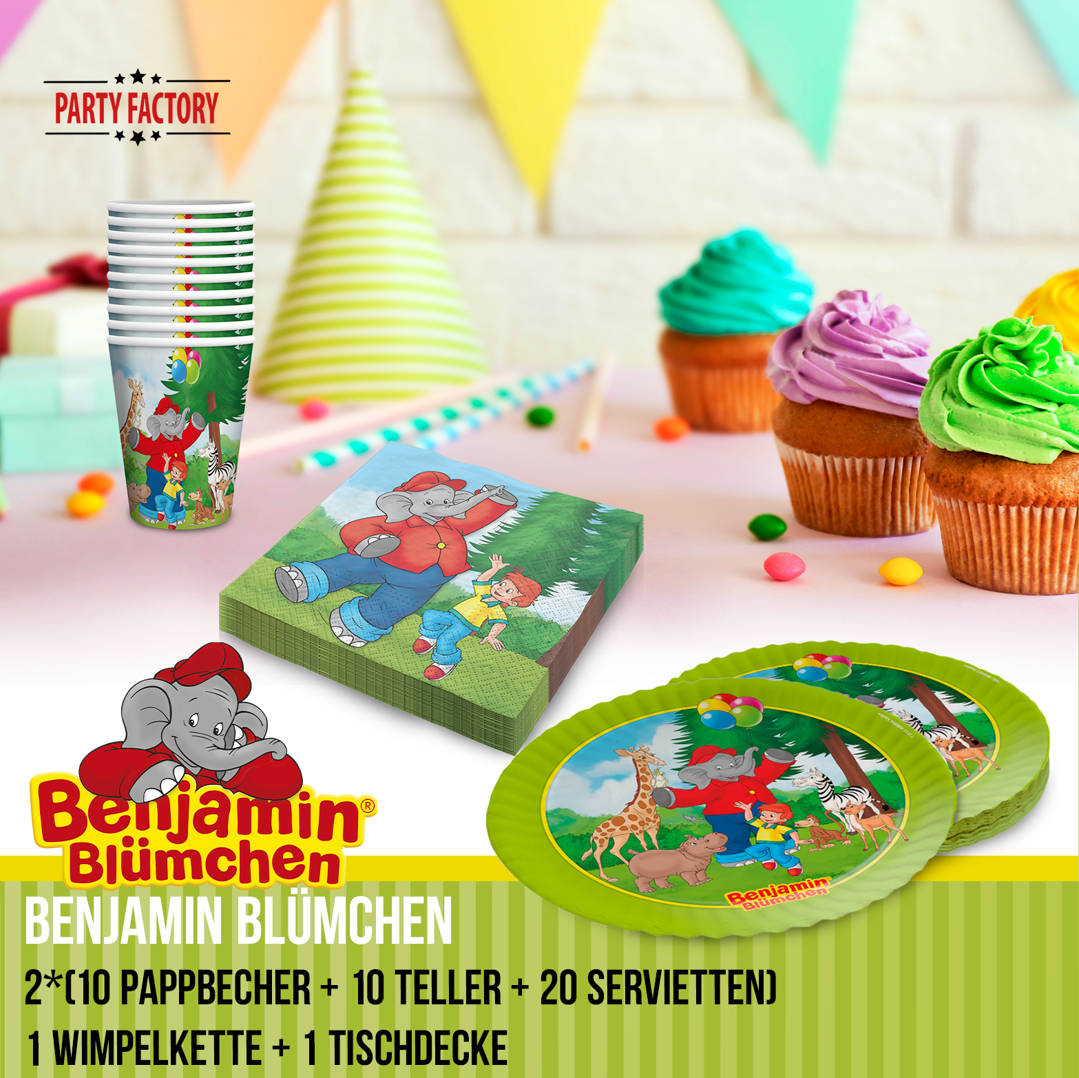 Benjamin Blümchen Partyset 82-tlg Doppelpack Geschirr, Wimpel & Tischdecke 2