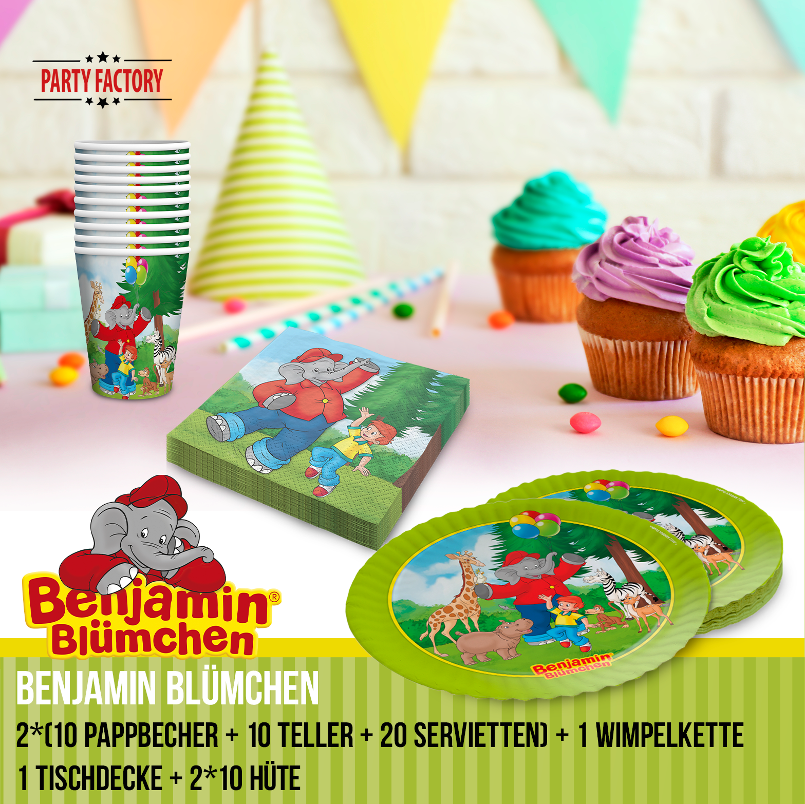 Benjamin Blümchen Partyset 102-tlg Doppelpack Geschirr, Servietten, Partyhüte & Deko 2