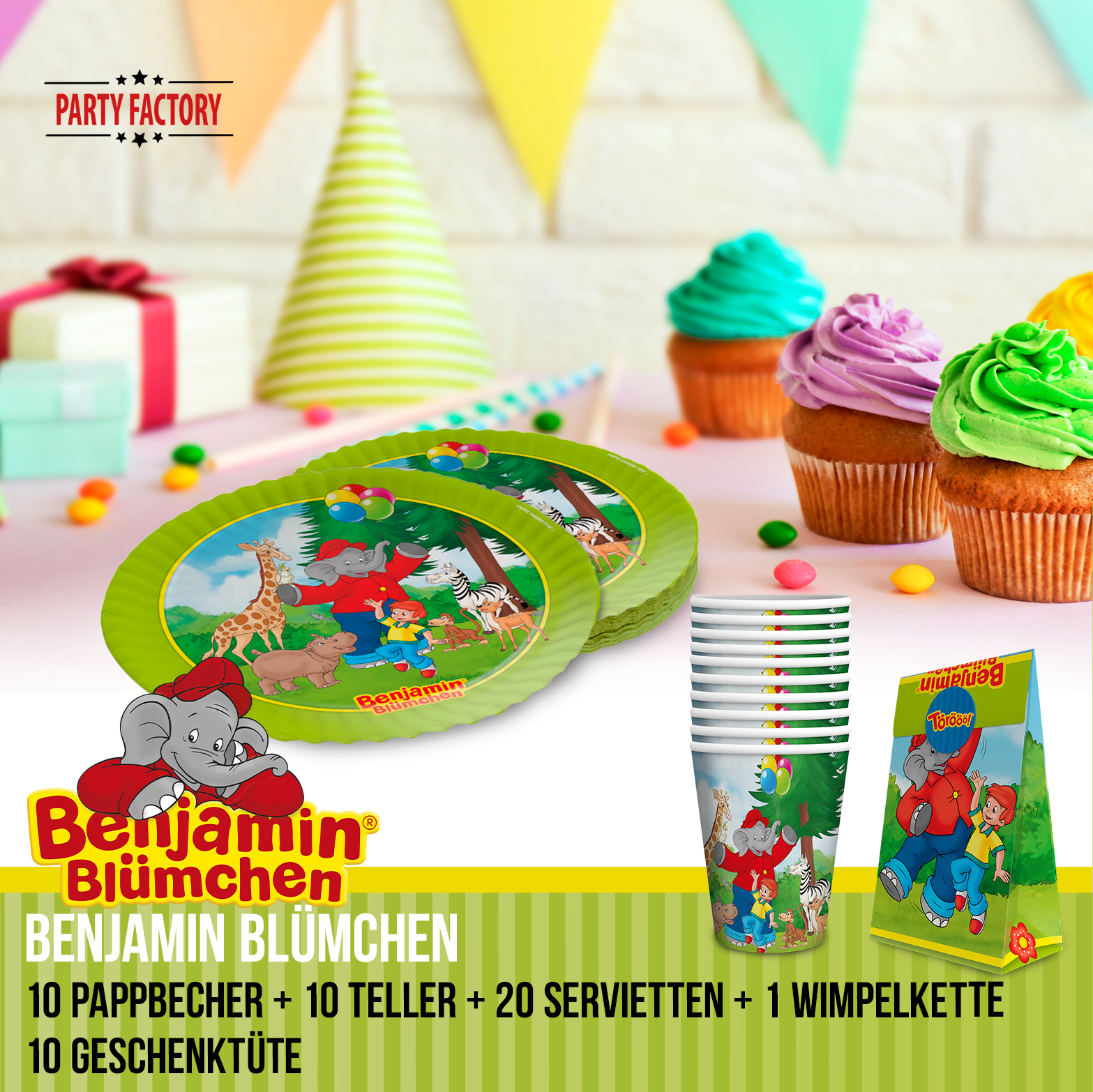 Benjamin Blümchen Partyset 51-tlg Geschirr, Servietten, Wimpel & Geschenktüten 2