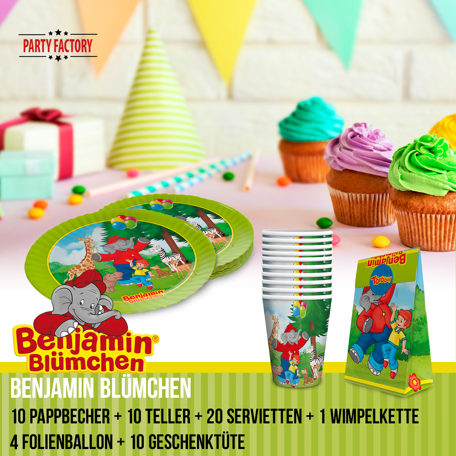 Benjamin Blümchen Partyset 55-tlg – Geschirr, Servietten, Wimpel, Folienballons & Tüten 2