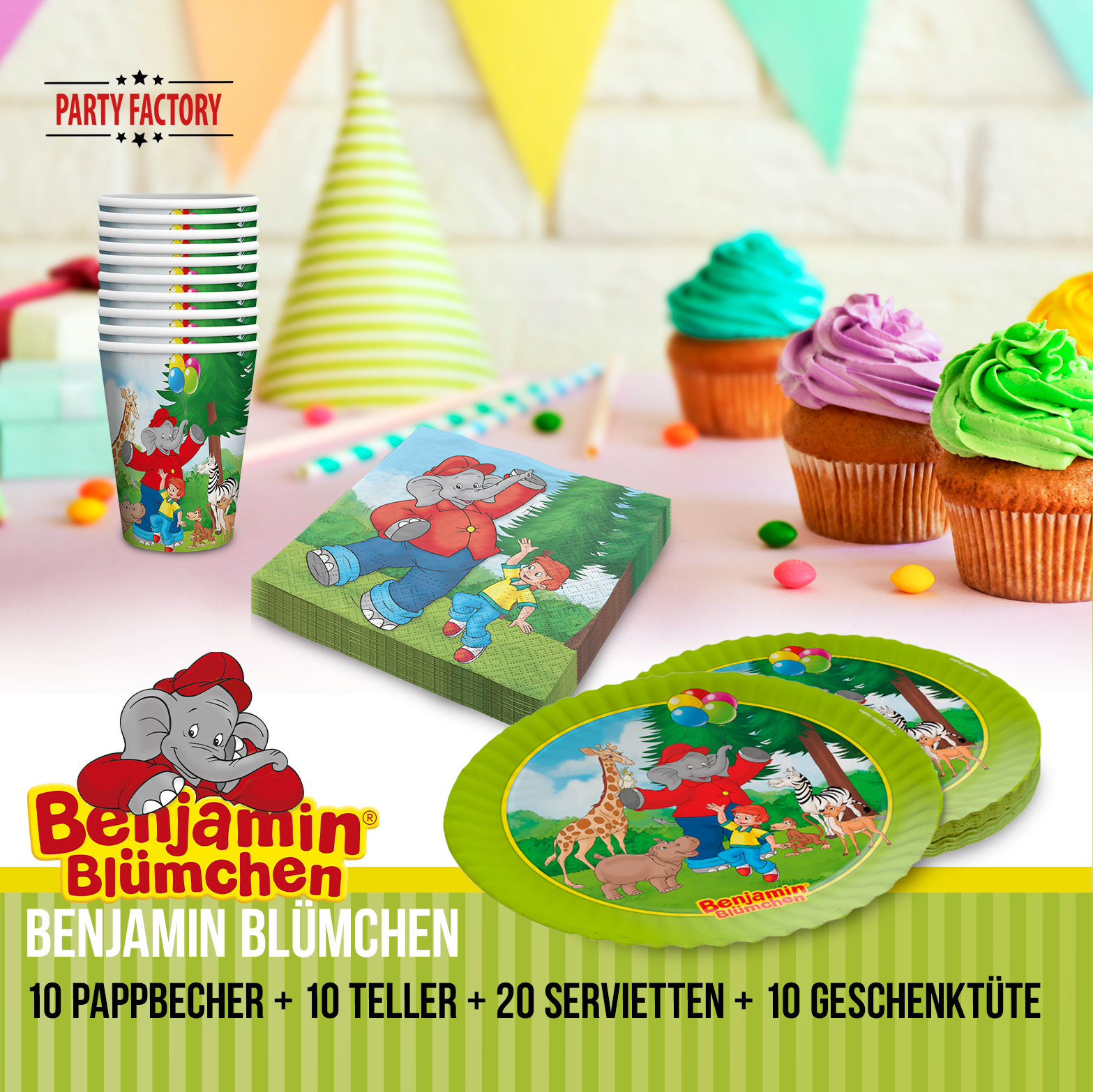 Benjamin Blümchen Partyset 50-tlg Geschirr, Servietten & 10 Geschenktüten 2