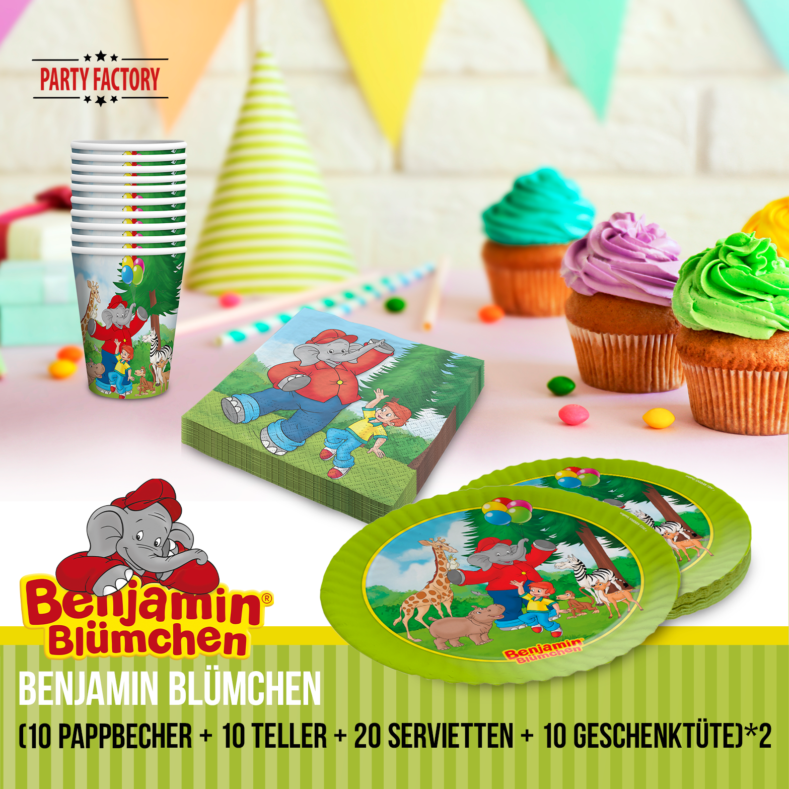 Benjamin Blümchen Partyset 100-tlg Geschirr, Servietten & 20 Geschenktüten 2