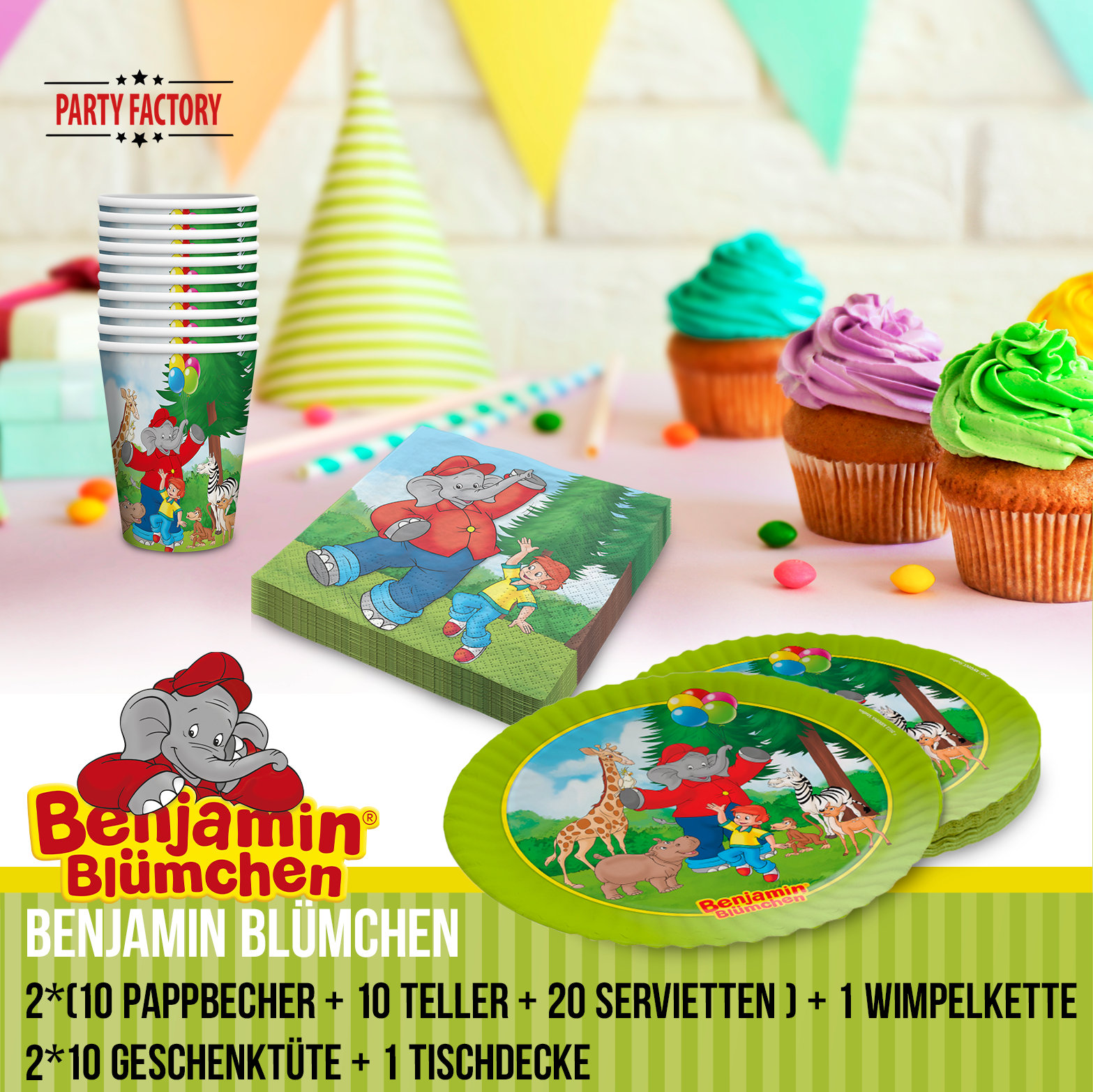 Benjamin Blümchen Partyset 102-tlg Geschirr, Servietten, Tischdeko & 20 Tüten 2