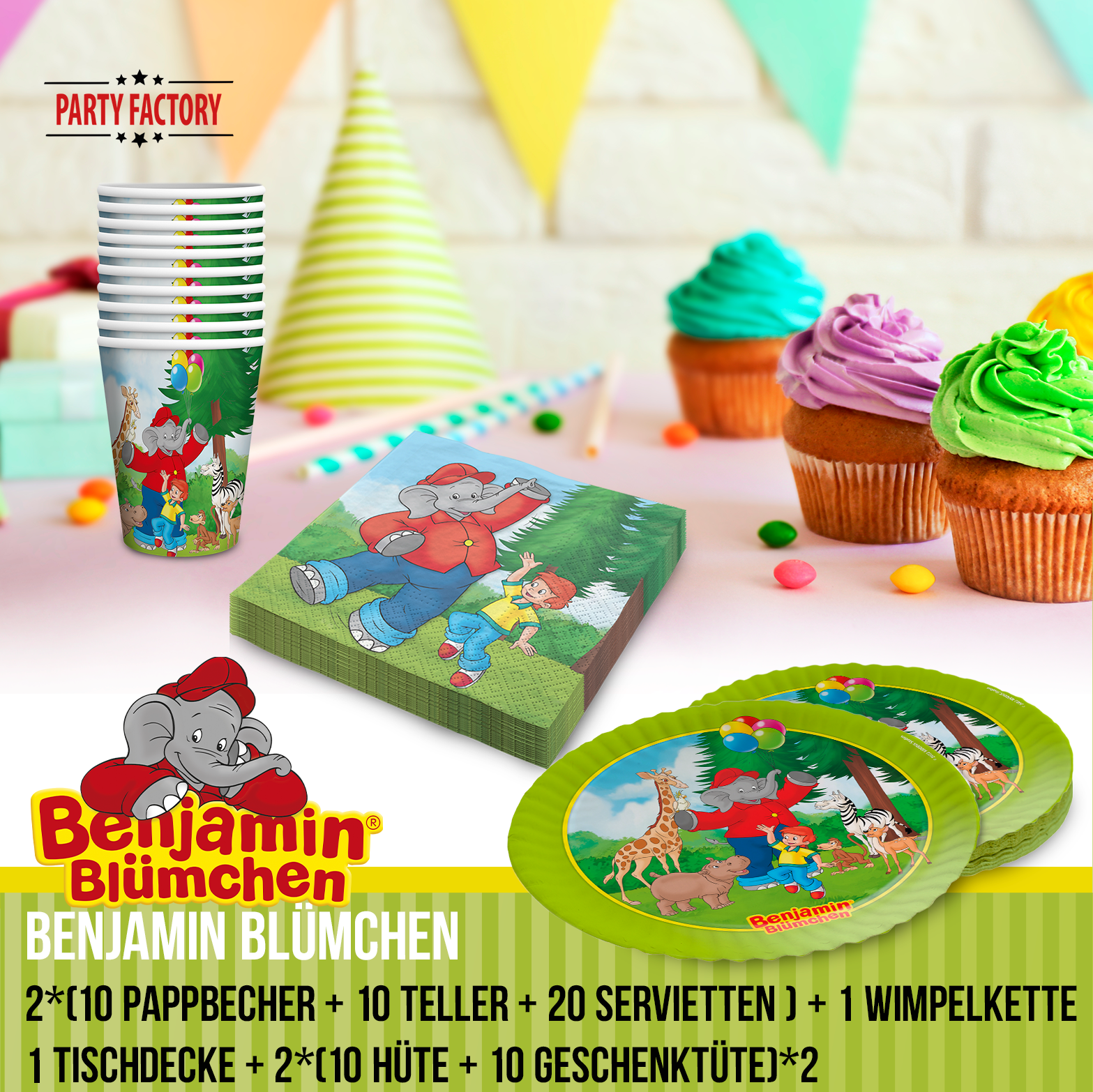Benjamin Blümchen Partyset 122-tlg Geschirr, Servietten, Deko, Hüte & Tüten 2