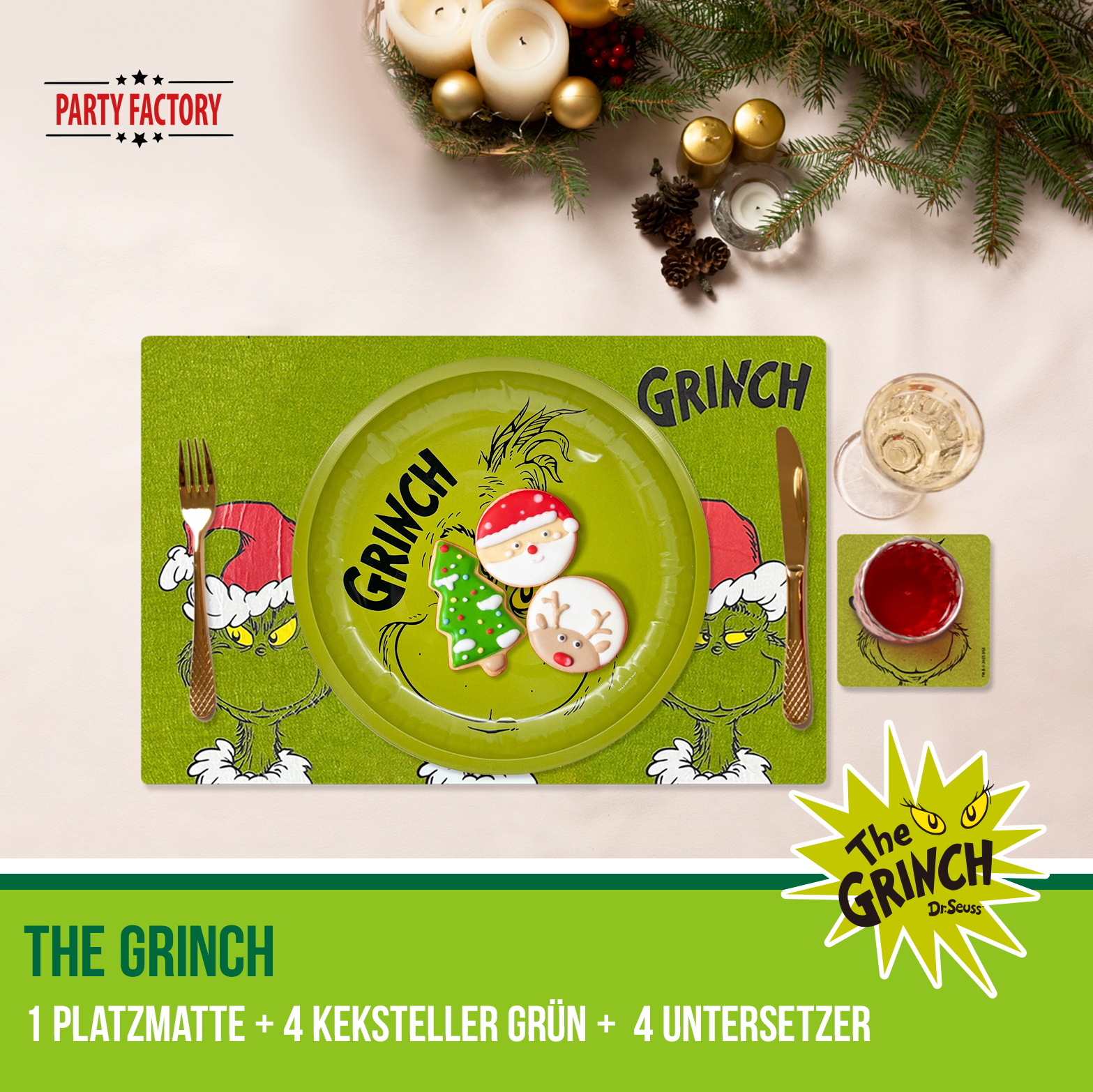 The Grinch Platzmatte Filz & Untersetzer mit 4 grünen Kekstellern Set 2