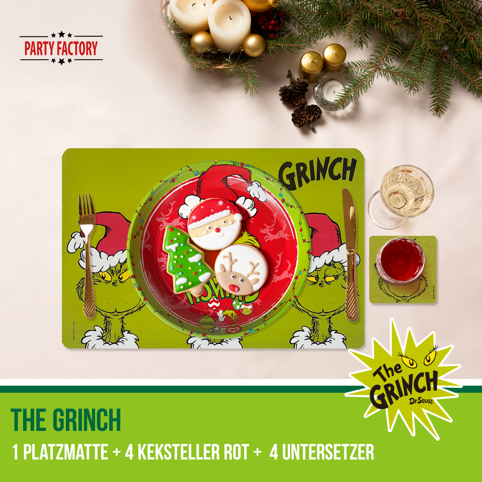 The Grinch Platzmatte Plastik Untersetzer mit 4 roten Kekstellern Set 2