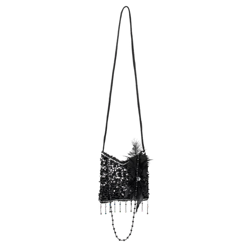 Handtasche Flapper schwarz – 20er Jahre Charleston Tasche mit Pailletten & Federn 2