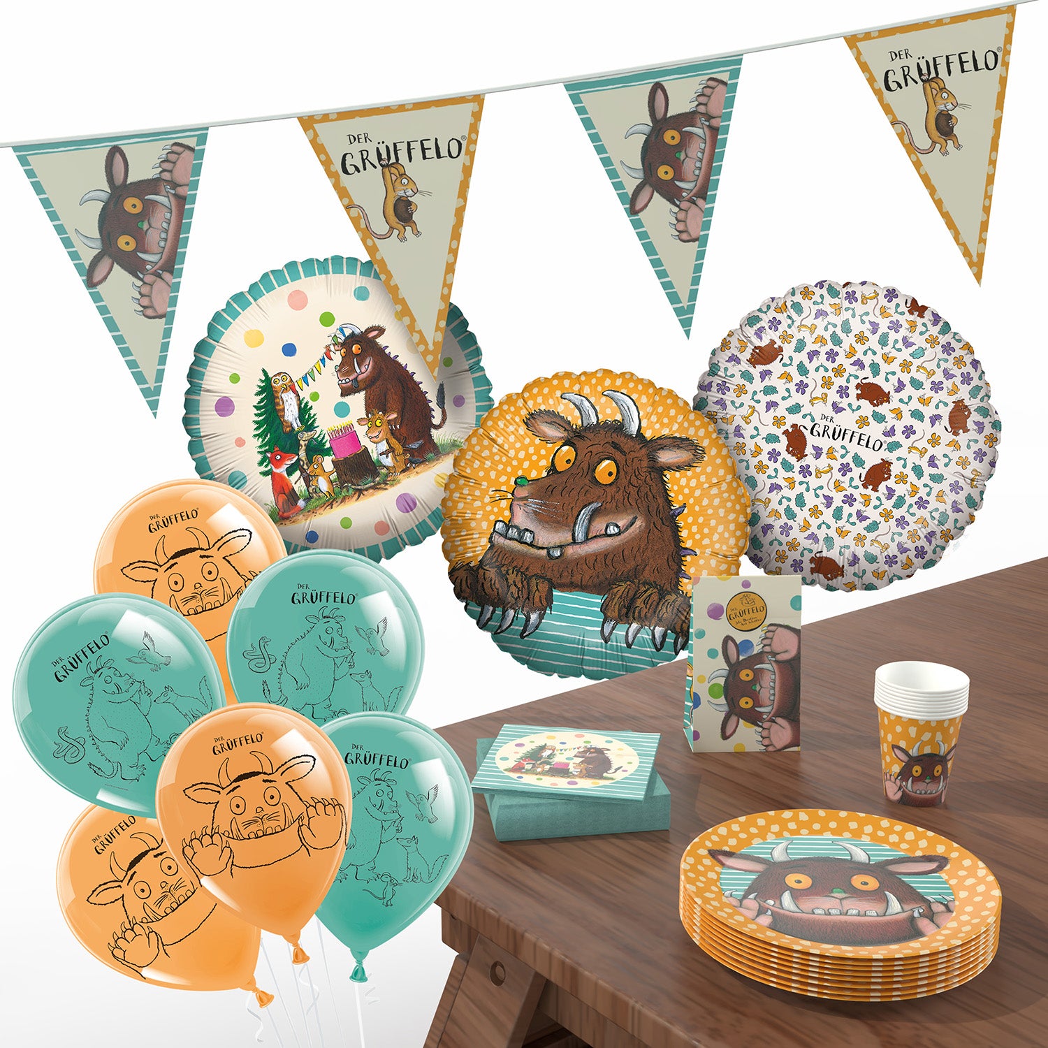 Der Grüffelo XXL Party-Set Einweggeschirr mit Tisch- und Raumdeko 60-teilig