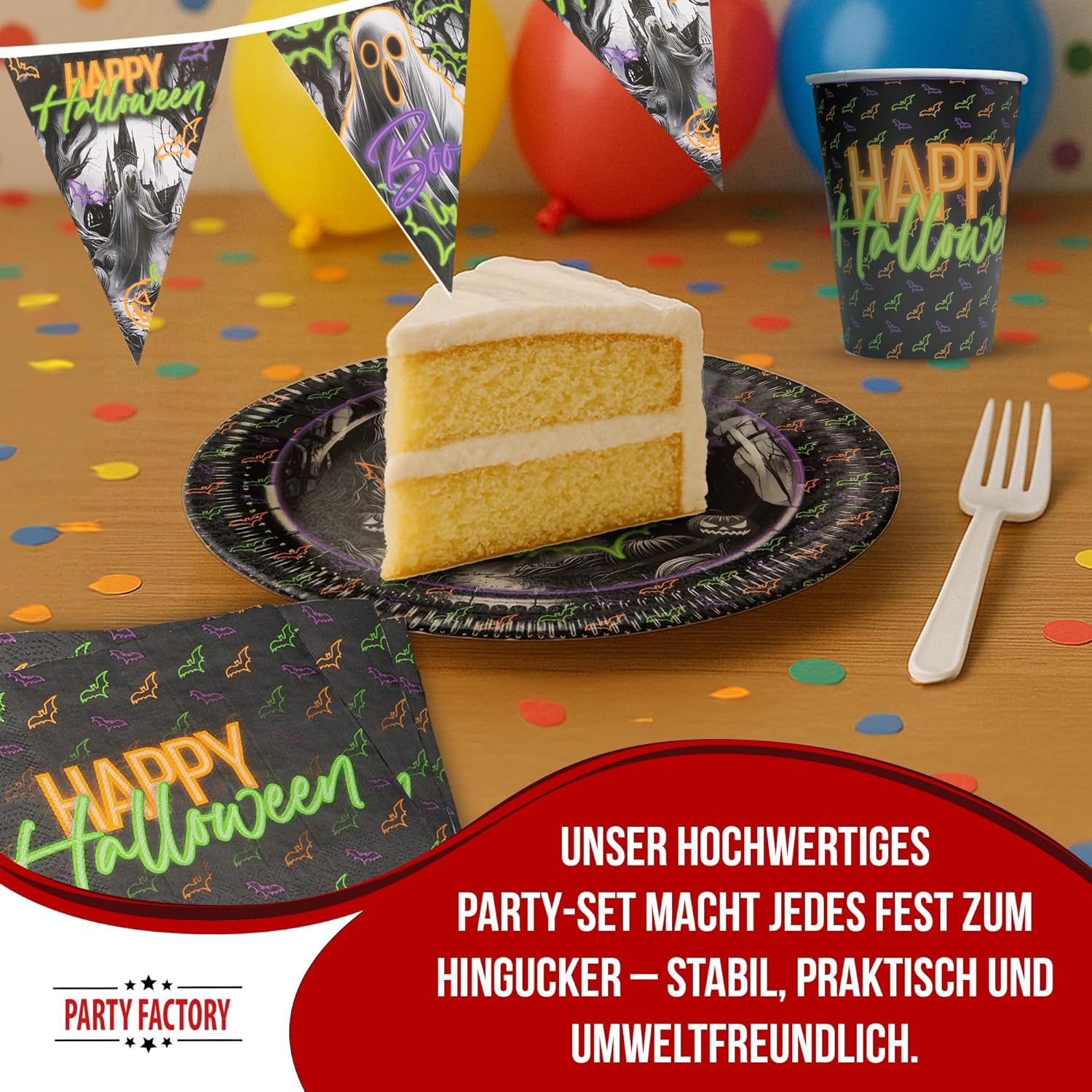 Halloween Neon – 4-teiliges Partyset mit Tellern, Bechern, Servietten & Wimpelkette 3